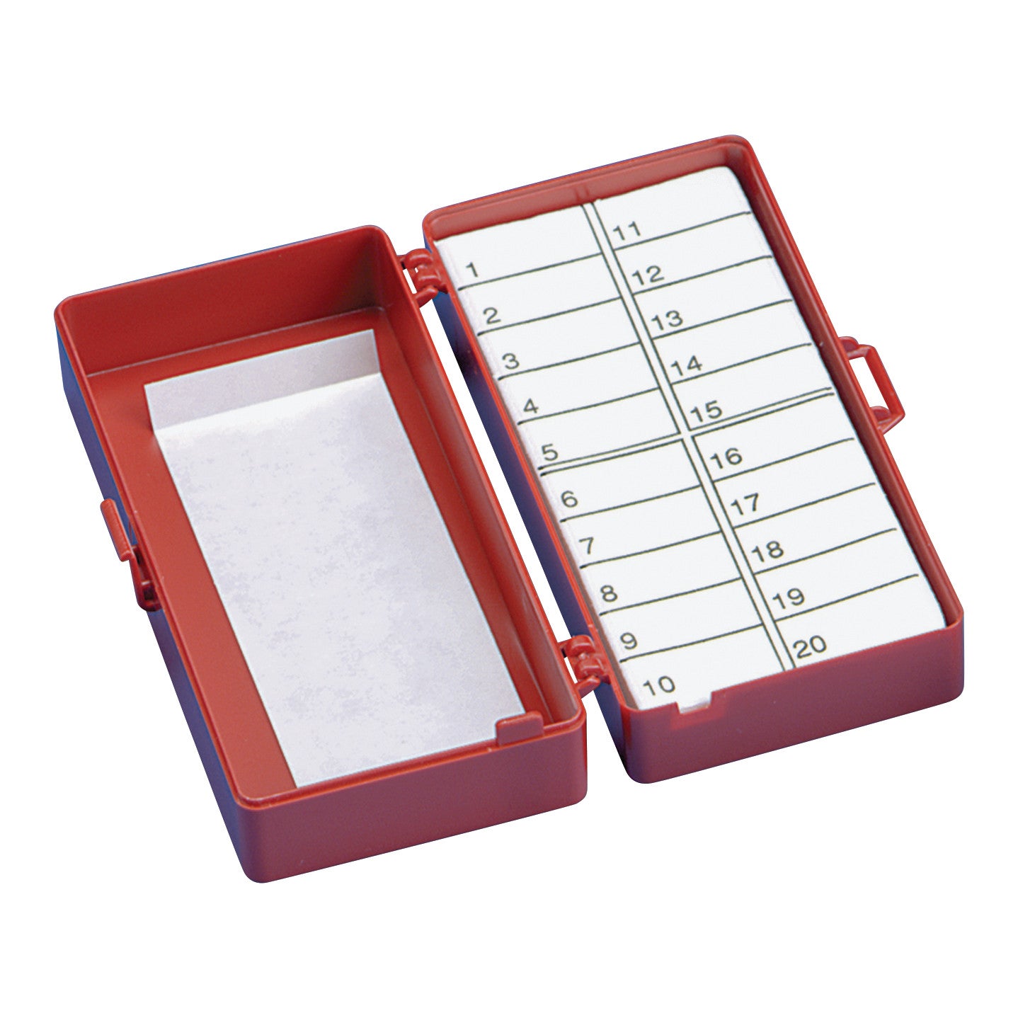 The SharpStop Needle Box, a red container for holding needles, has a numbered index from 1 to 20 and a separate compartment on the left.