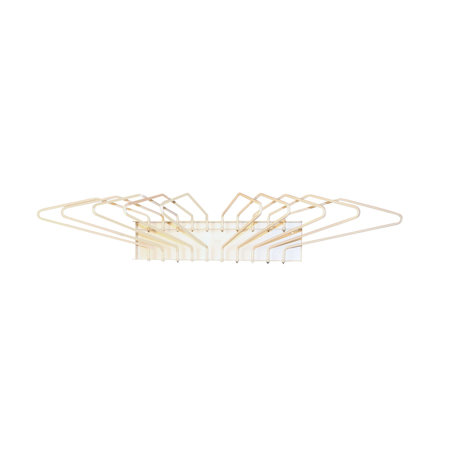 Compact 10-Apron Wall Rack with ten parallel wire hangers fanned out, mounted on a white wall, showcasing its neat design.