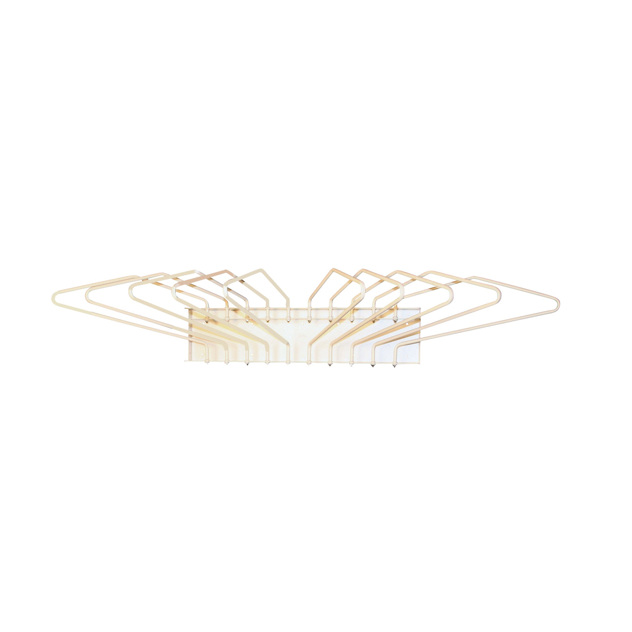 Compact 10-Apron Wall Rack with ten parallel wire hangers fanned out, mounted on a white wall, showcasing its neat design.