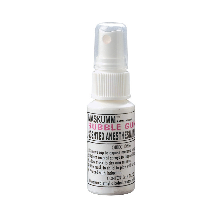 Maskumm Scented Anesthesia Mask Spray in a small bottle with a clear plastic cap, labeled with directions and a bubble gum scent.