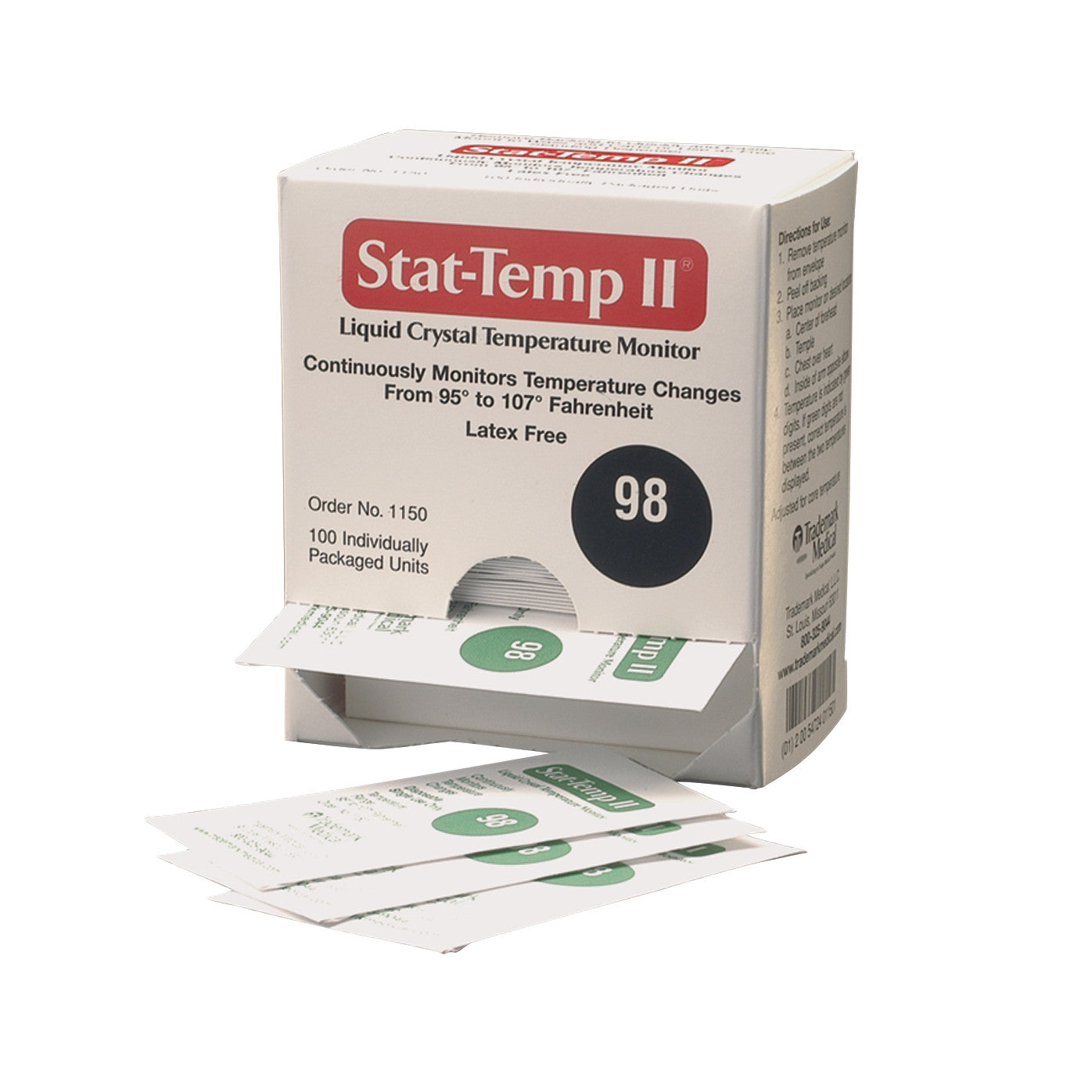The Trademark Medical Stat-Temp II Liquid Crystal Temperature Monitors are seen in a box with individually packaged units.
