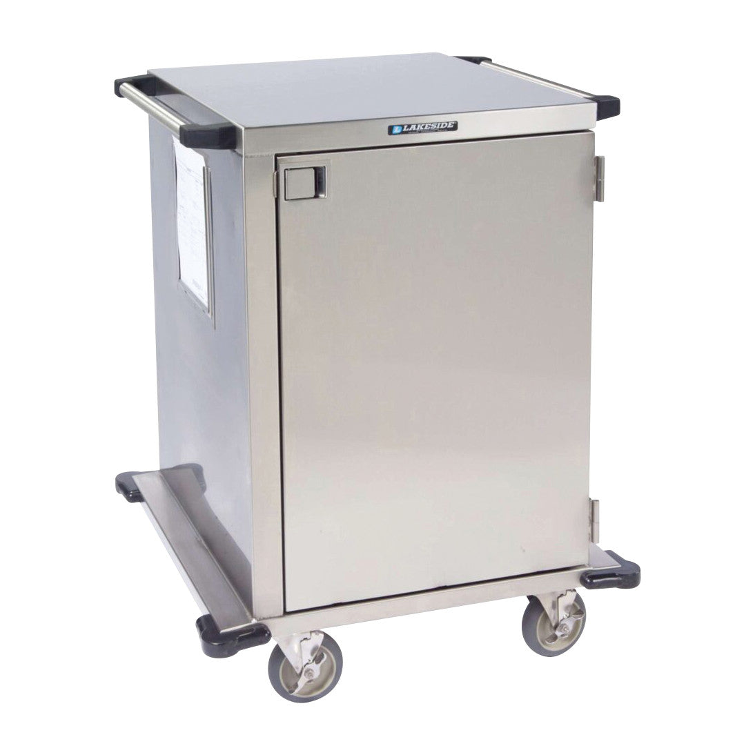 A Lakeside Stainless Steel Case Cart with a door, handles, and four caster wheels for mobility.
