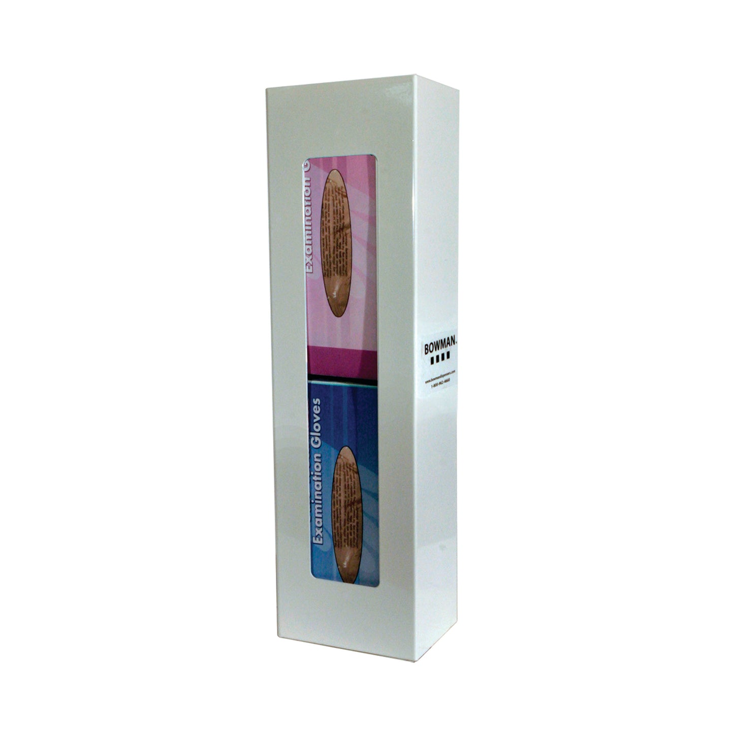 Bowman Clear PETG Space Saver Double Glove Box Dispenser, with slots for pink and blue examination glove boxes, in a sleek design.