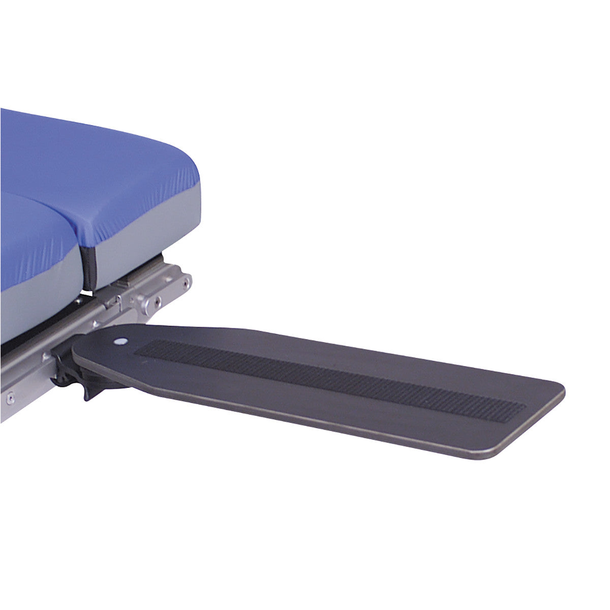 The Allen Bariatric Armboard features a gray surface with a non-slip strip, attached to a medical table with a blue cushion.