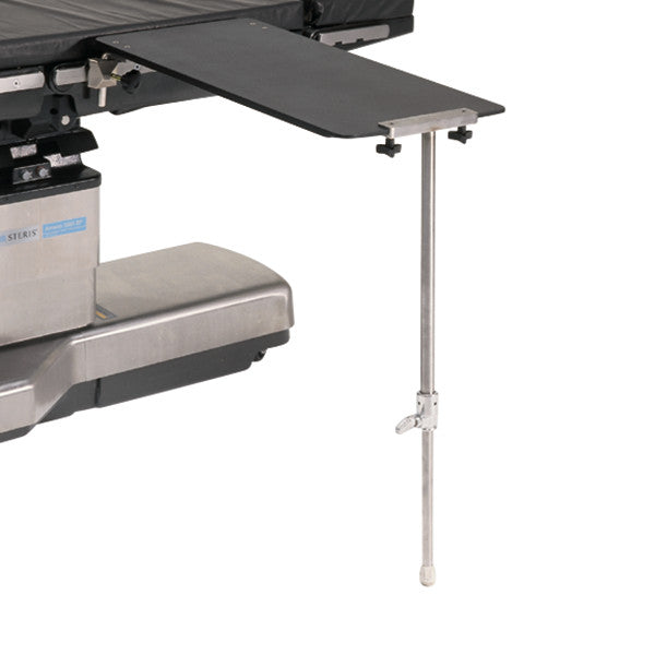 Hand Table Leg for Allen Carbon Light Rectangular Hand Table attached to a surgical table, with a metallic support leg on the side.