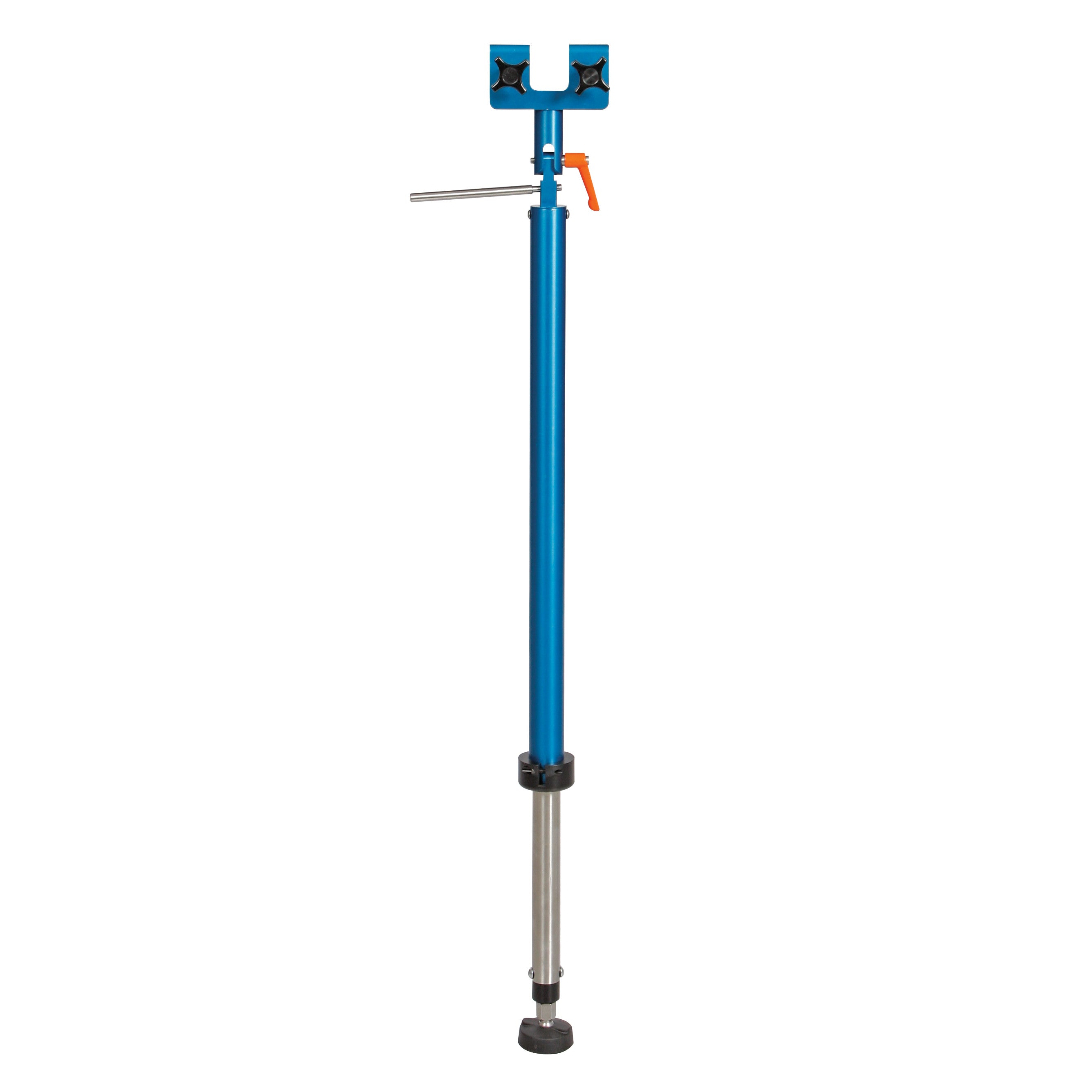 A blue and silver AliMed Pneumatic Hand Table Leg with an adjustable height mechanism and an orange lever for adjustment.
