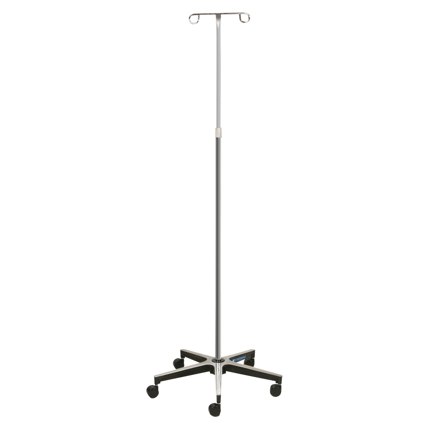 Lakeside Standard-Duty Four-Leg Health IV pole with a chrome finish and two hooks, featuring a stable four-leg rolling base.