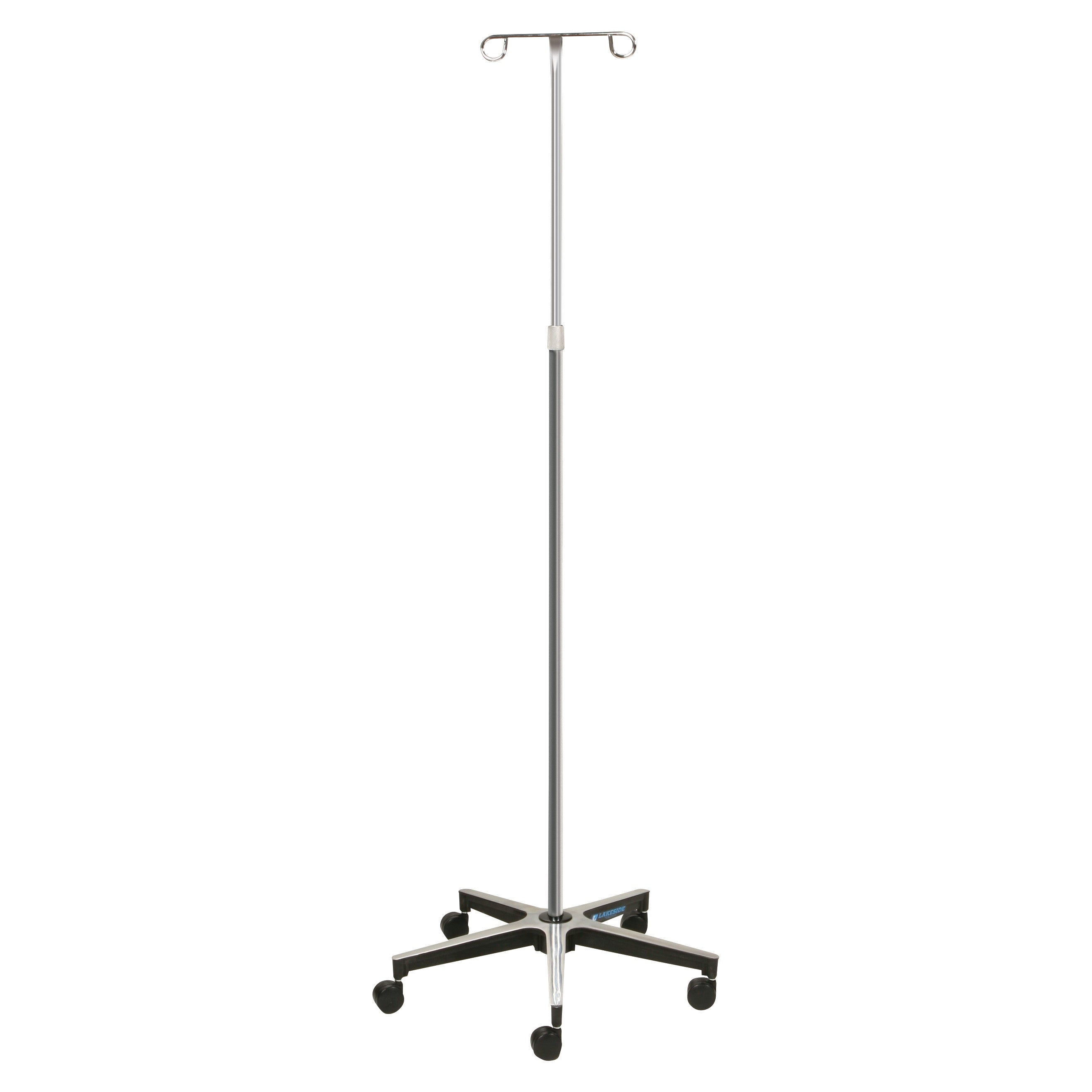 Lakeside Standard-Duty Four-Leg Health IV pole with a chrome finish and two hooks, featuring a stable four-leg rolling base.