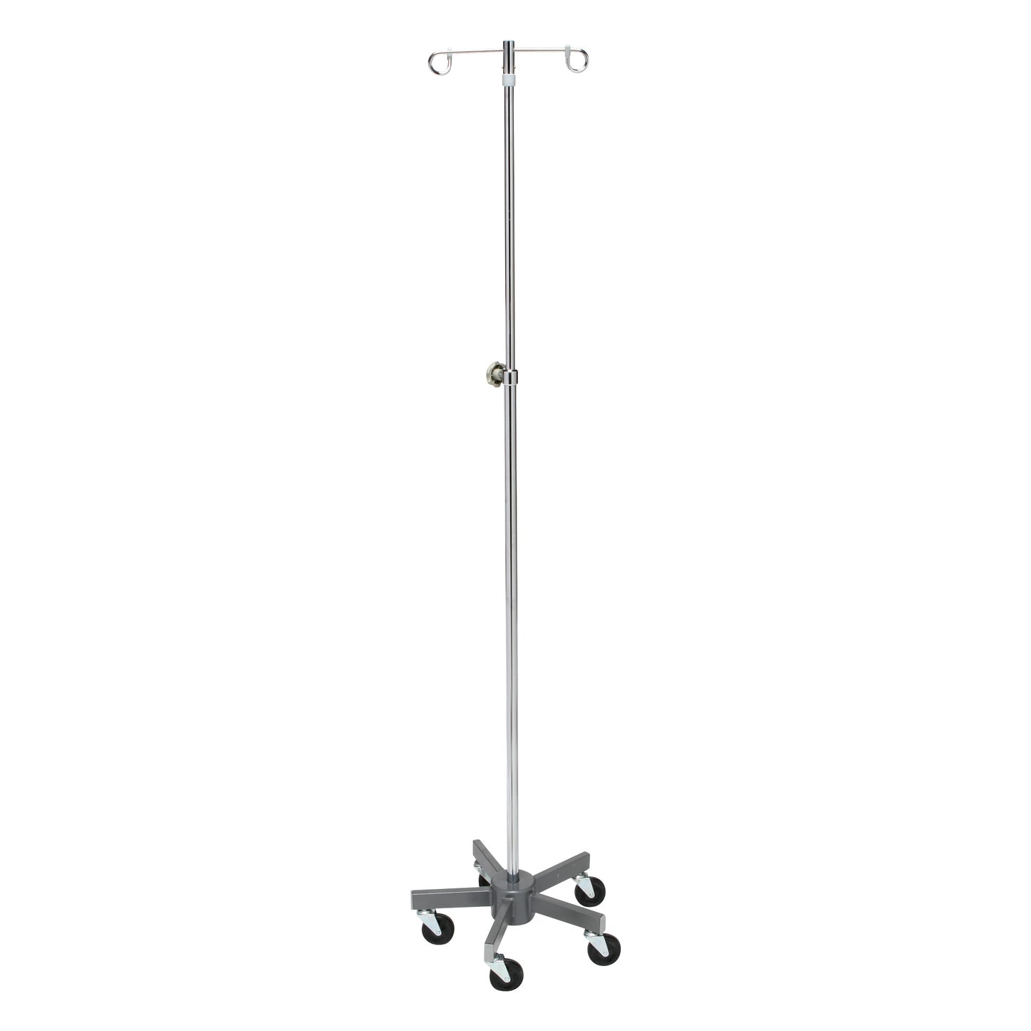 Lakeside Space-Saver Five-Leg Healthcare IV Pole with adjustable height, two hooks, and a wheeled base for mobility.