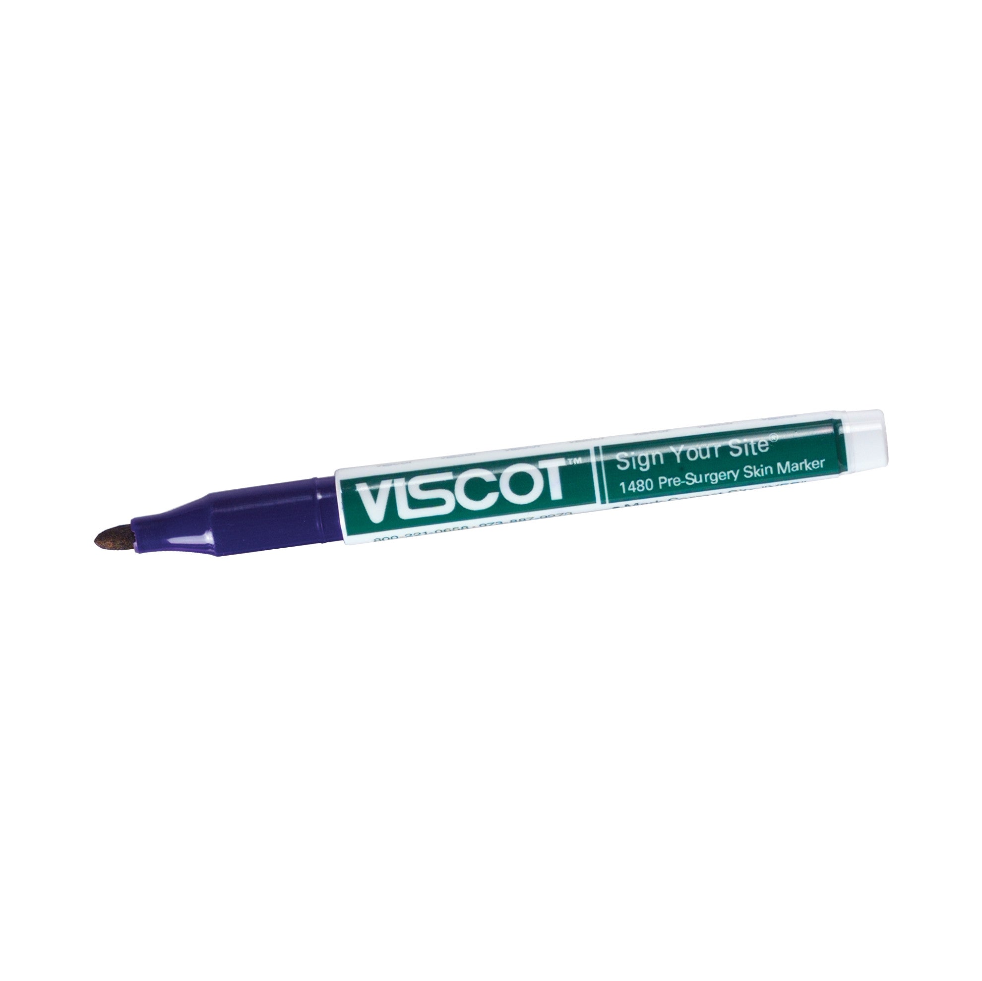 Viscot Sign-Your-Site Pre-Surgery Skin Marker with a purple tip and a green label, designed for marking skin before surgery.