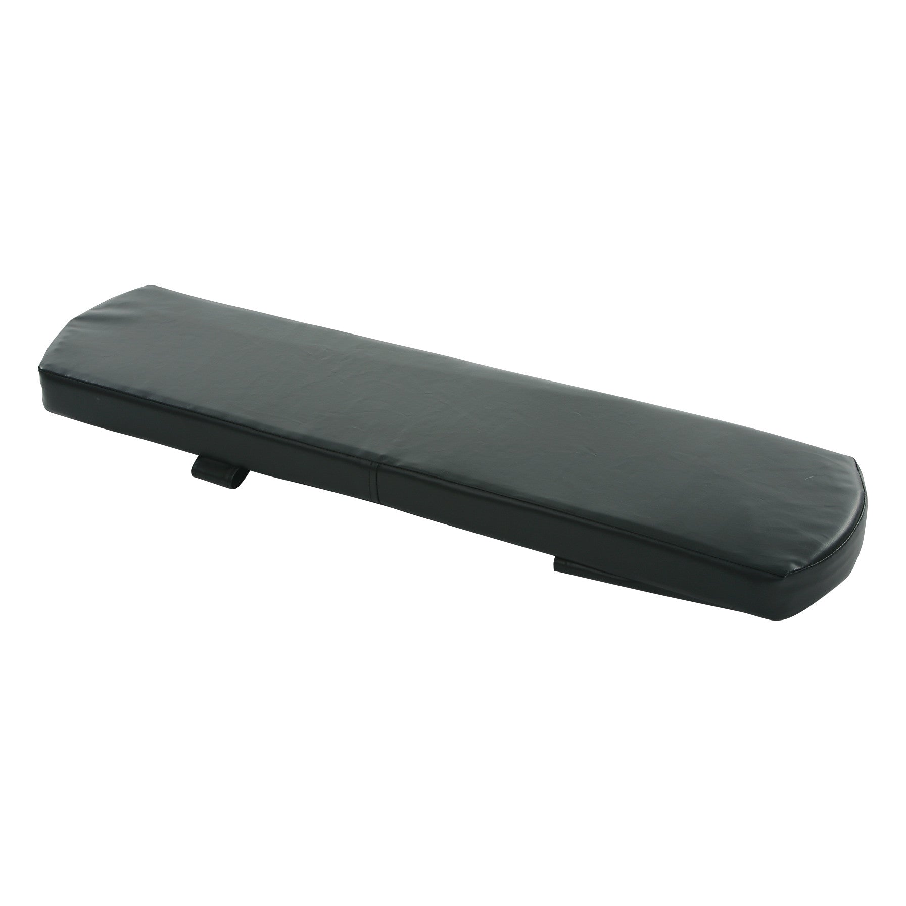 A black Armboard Pad for AliMed Universal Armboard with a rectangular shape and rounded corners, featuring a securing strap underneath.