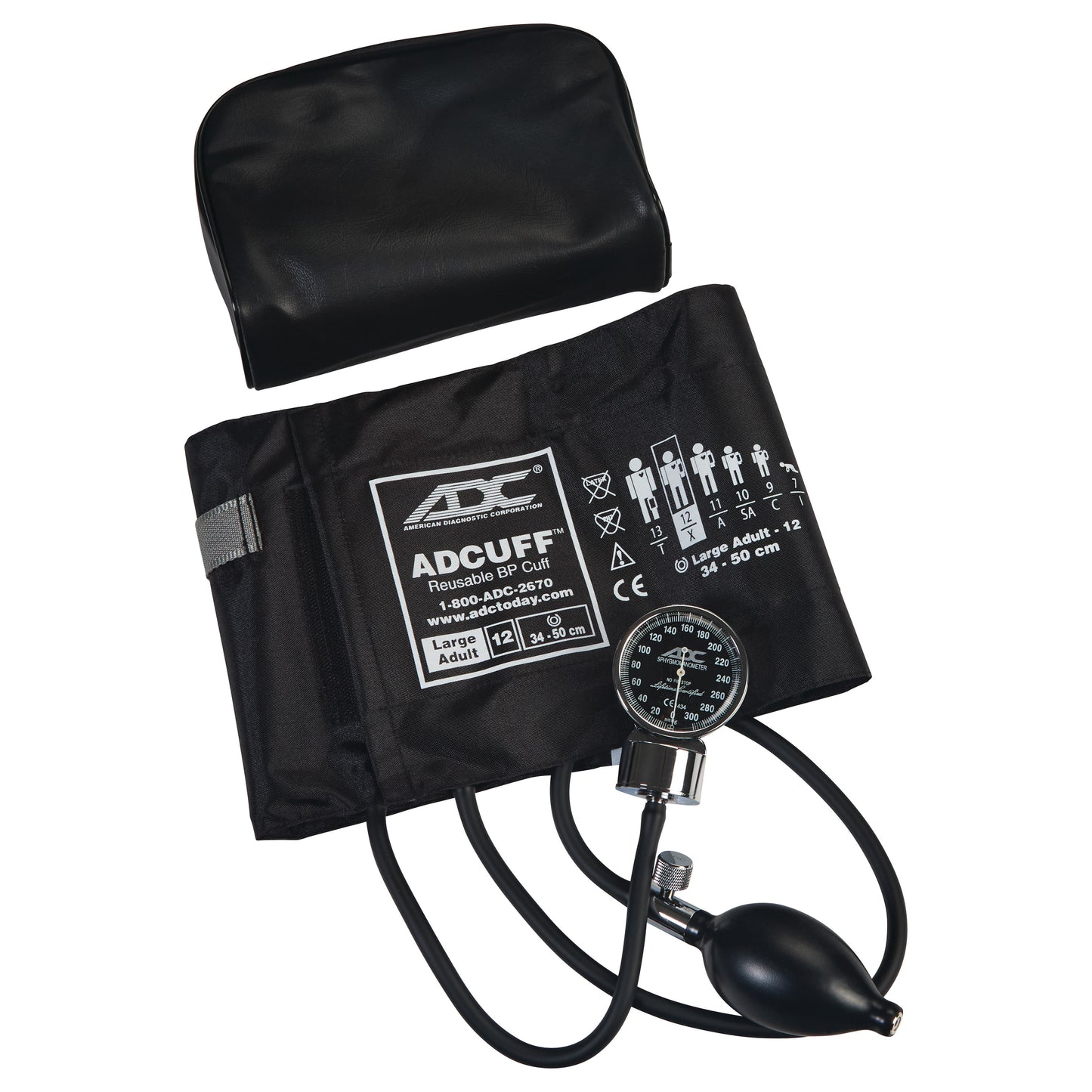 ADC Diagnostix 700 Pocket Aneroid Sphygmomanometer with a black cuff, bulb, gauge, and carrying case for measuring blood pressure.