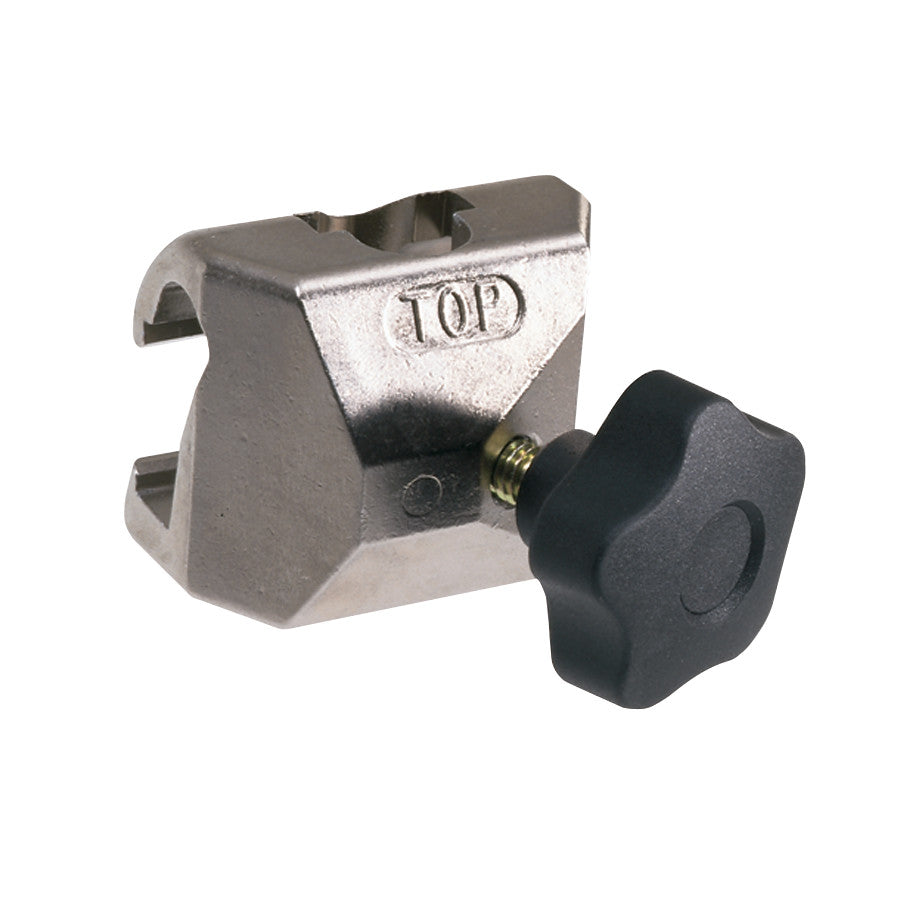 The Allen Universal Accessory Clamp is a metal device with a black knob, featuring a "TOP" label and designed for fastening purposes.
