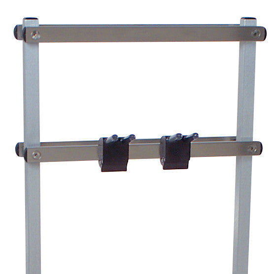The image features an Accessory Hook for Allen Accessory Cart with two black straps on a metal frame for securing items.