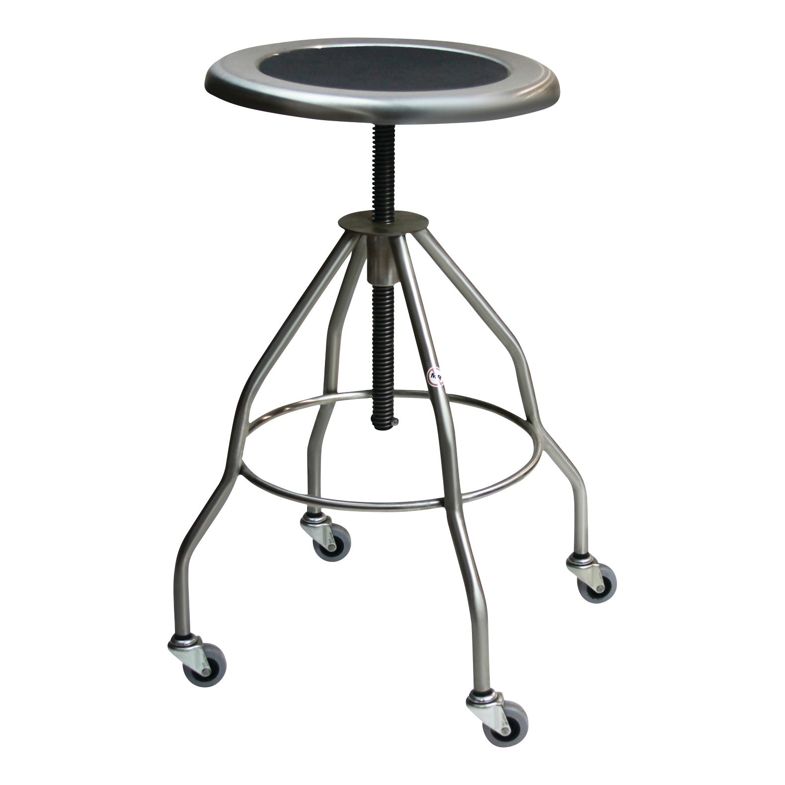 A Blickman Clifton Revolving Stool with a metal frame, four wheeled legs, and an adjustable height mechanism.