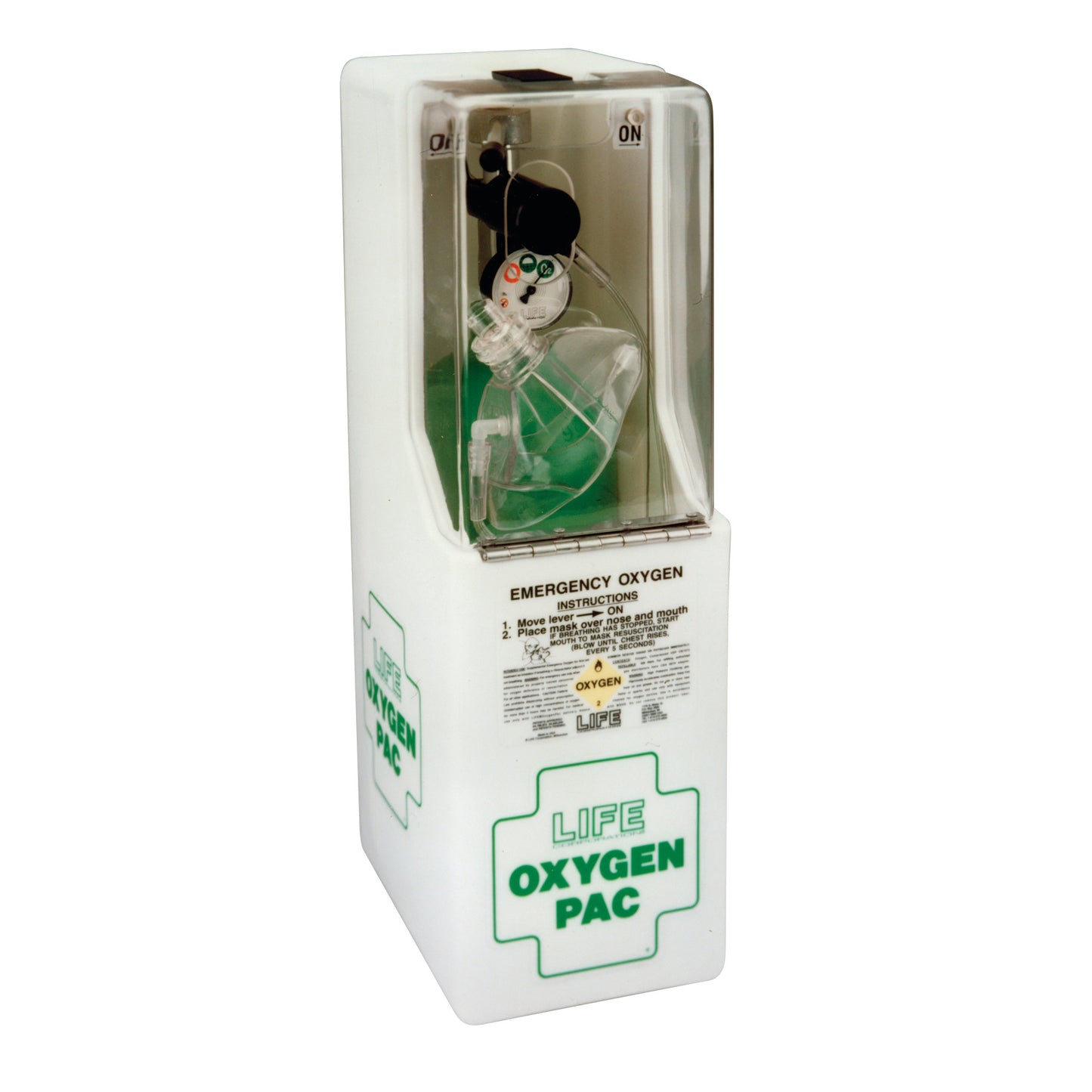 A LIFE 612 OxygenPac Emergency Unit with a transparent case, showing an oxygen mask and detailed instructions on its front.