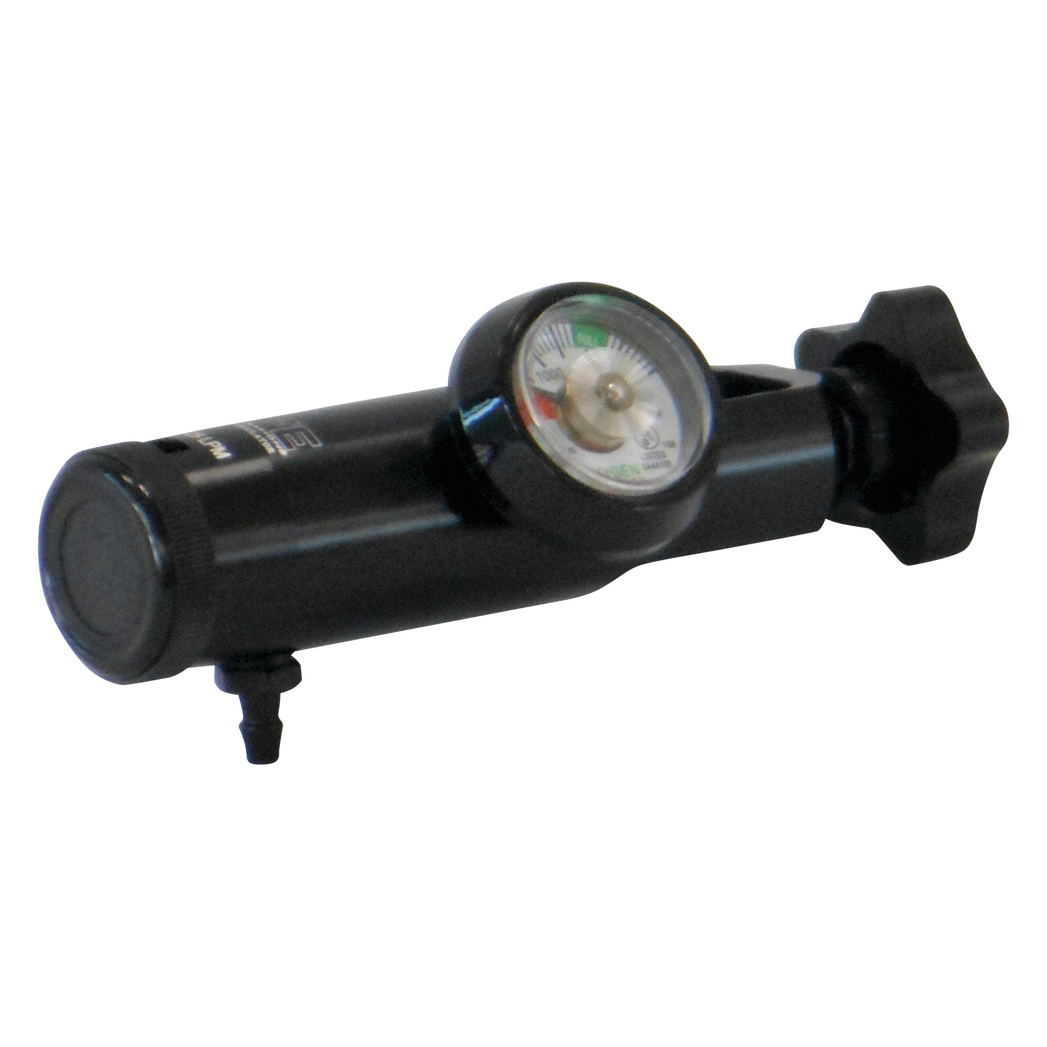 The LIFE 870-025-1 Oxygen Regulator is a black cylindrical device with a pressure gauge and adjustment knob.