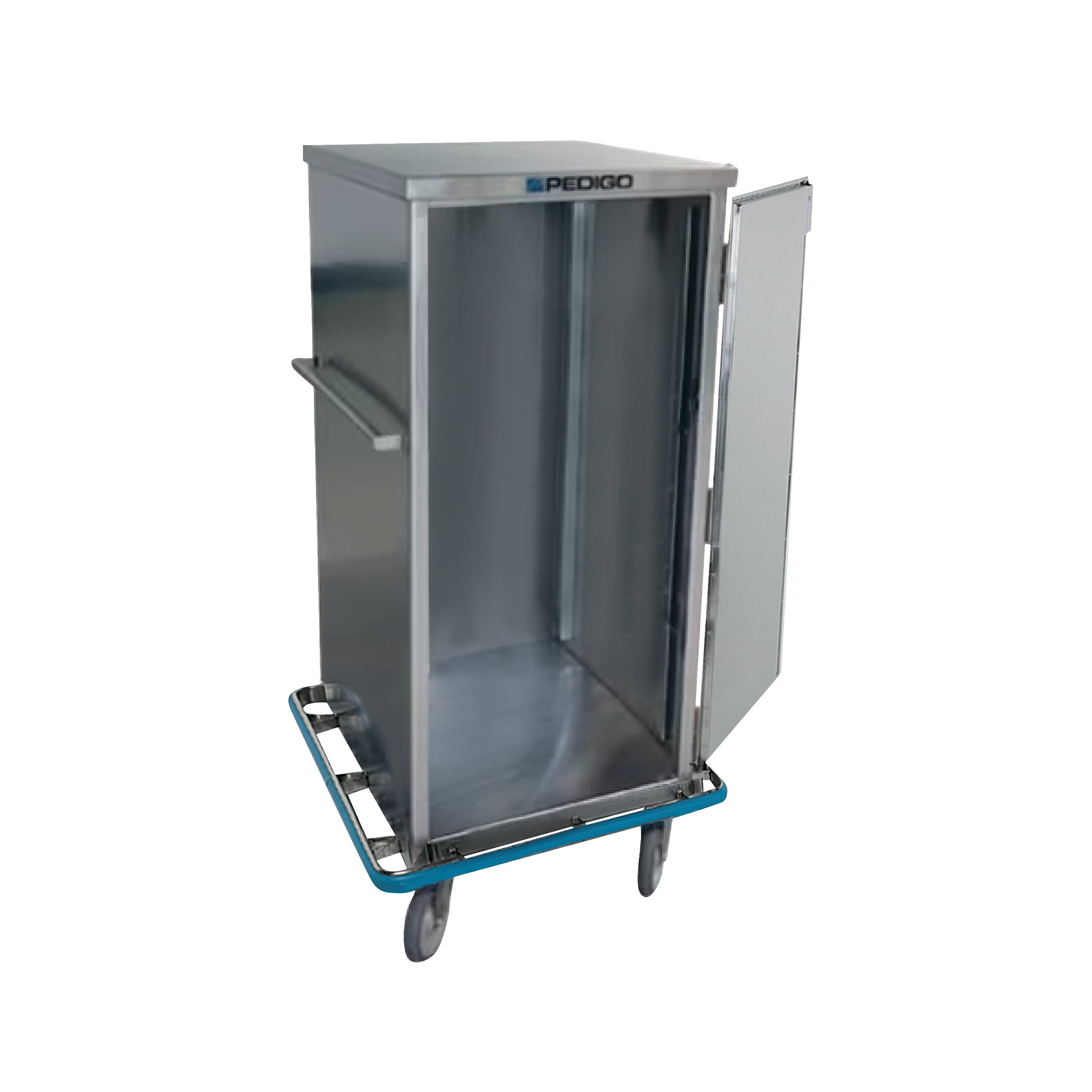 A Pedigo Surgical Case Cart with an open door, stainless steel body, handles on the side, and wheels for mobility.