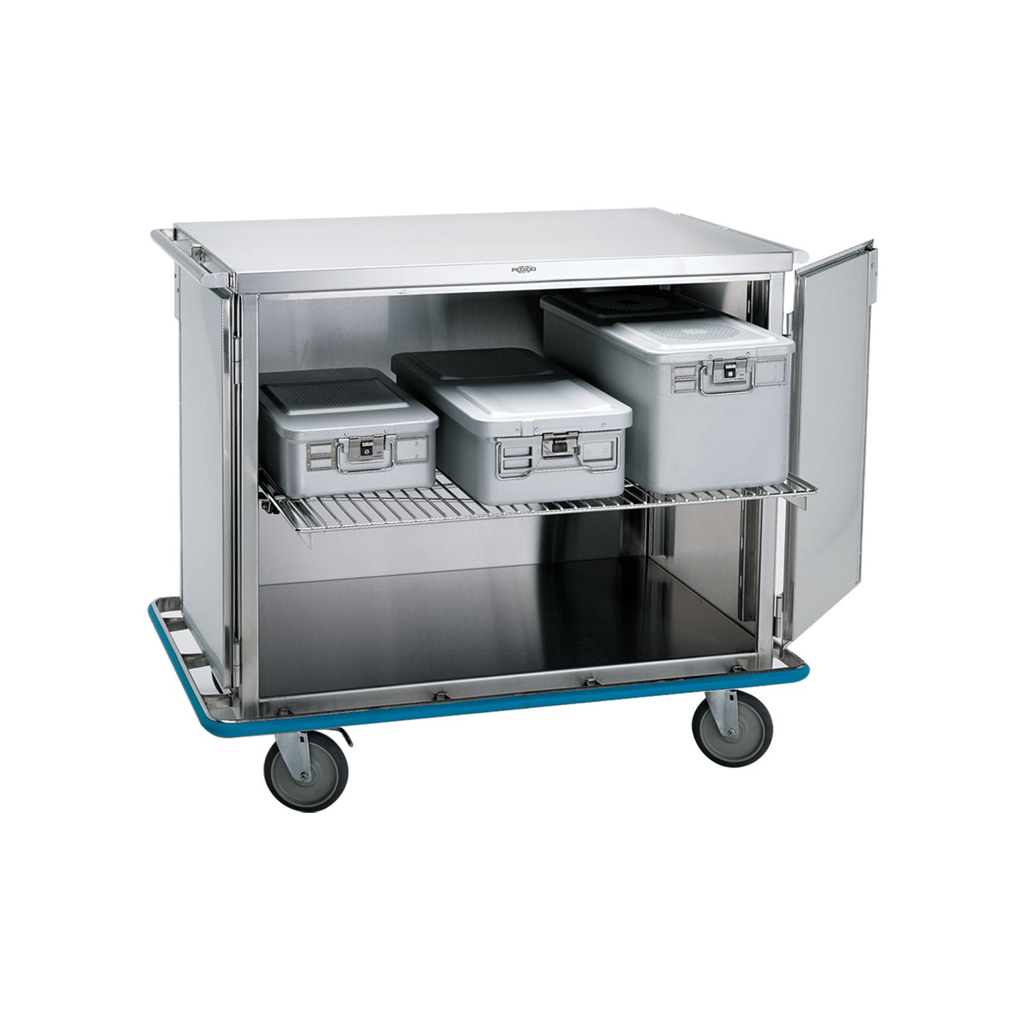 Pedigo Surgical Case Cart with stainless steel construction is shown, featuring several storage containers on a wire shelf with wheels.