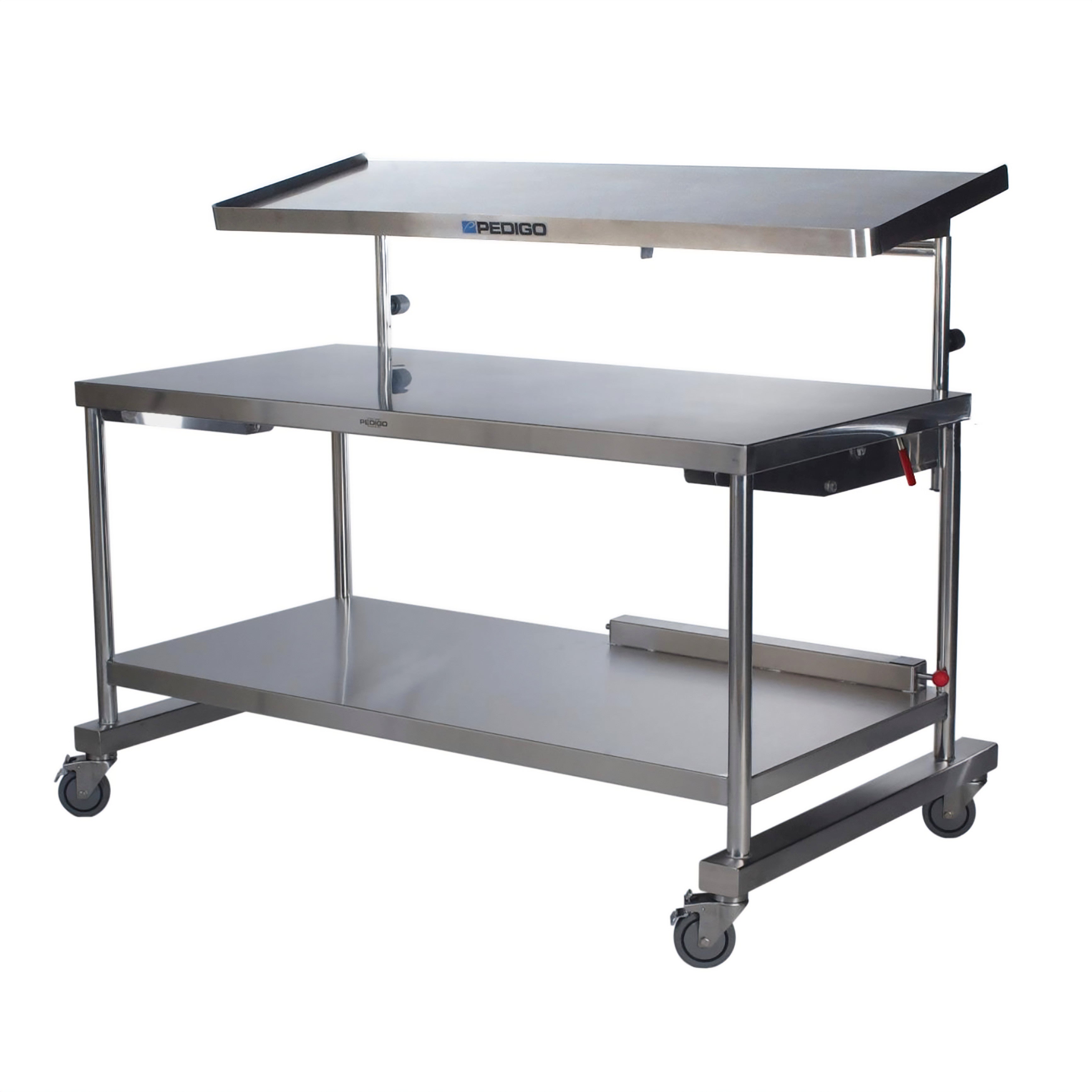 The Pedigo Space Station is a stainless steel mobile medical procedure table with a raised shelf and rolling casters for easy movement.