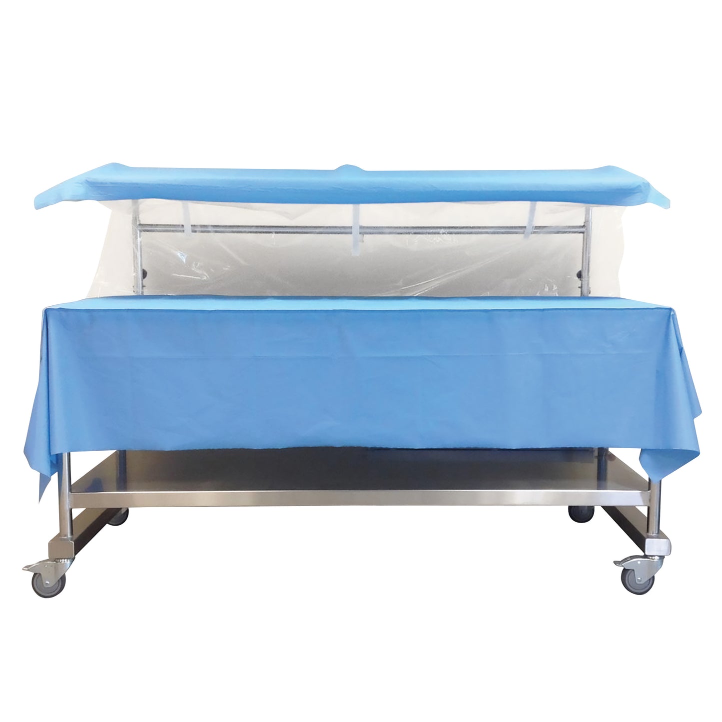 A Disposable Table Drape for Pedigo Space Station on a wheeled metal cart, covered in blue draping with a transparent canopy.