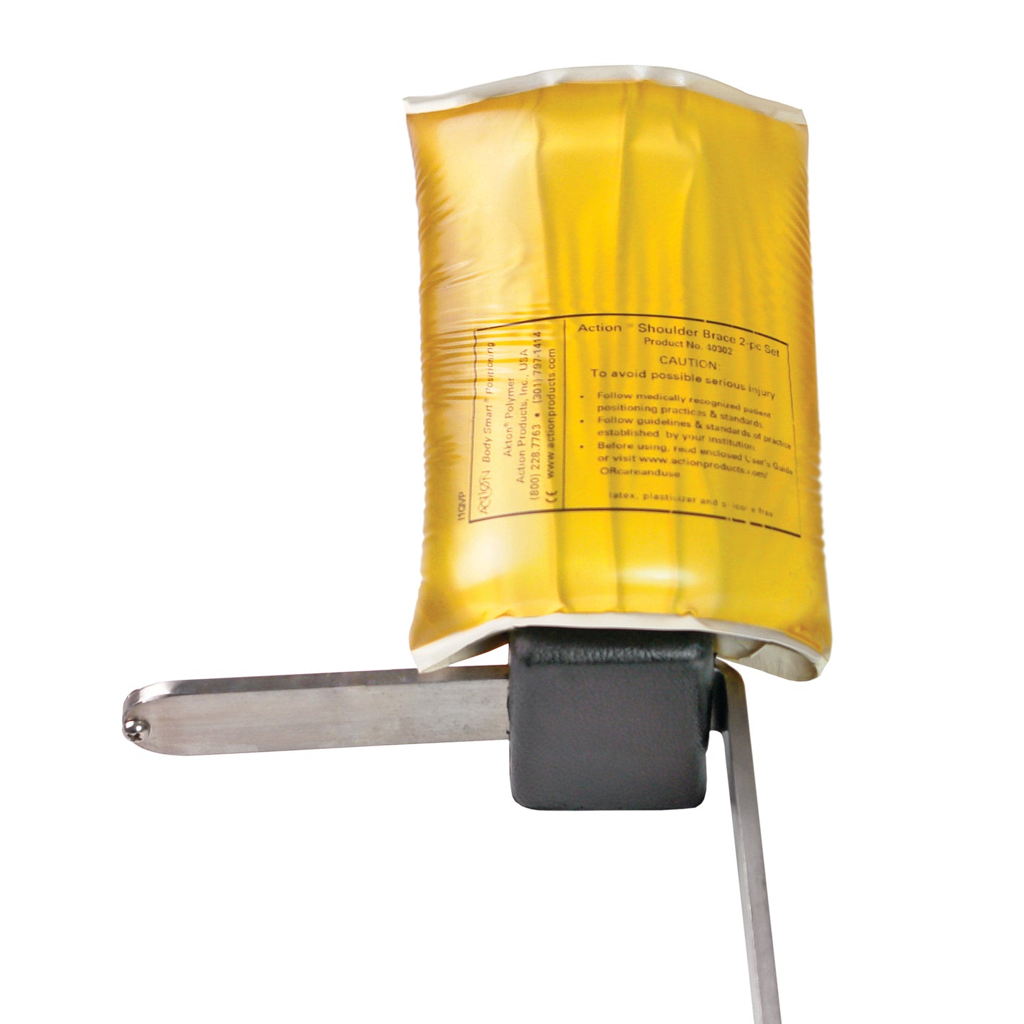 AliMed AliGel Shoulder Support Pad with a yellow cushion on a silver metal frame, designed to aid in patient positioning.