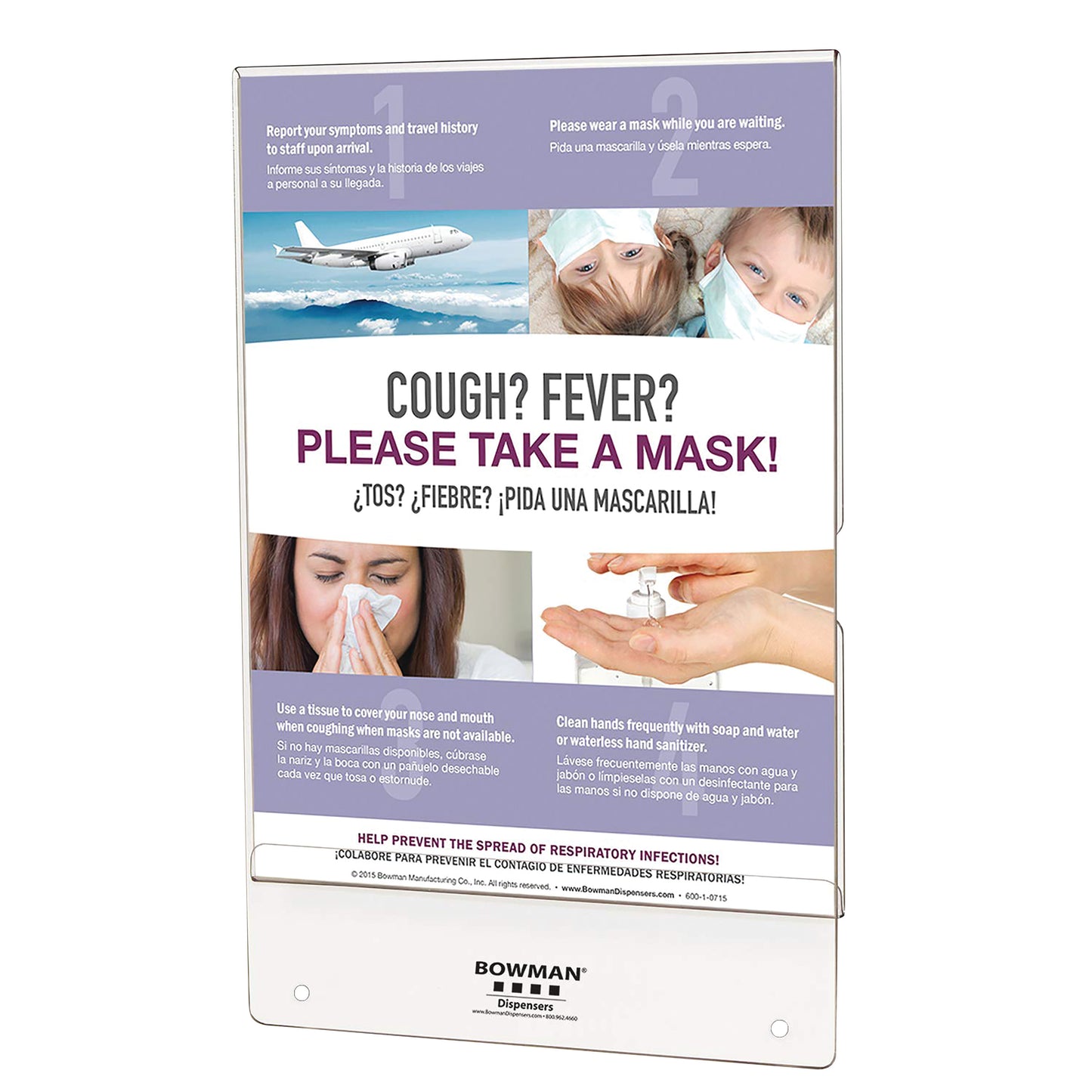 Clear PETG Sign Holder for Bowman Hygiene Centers with instructions to wear masks, use tissues, and sanitize hands.