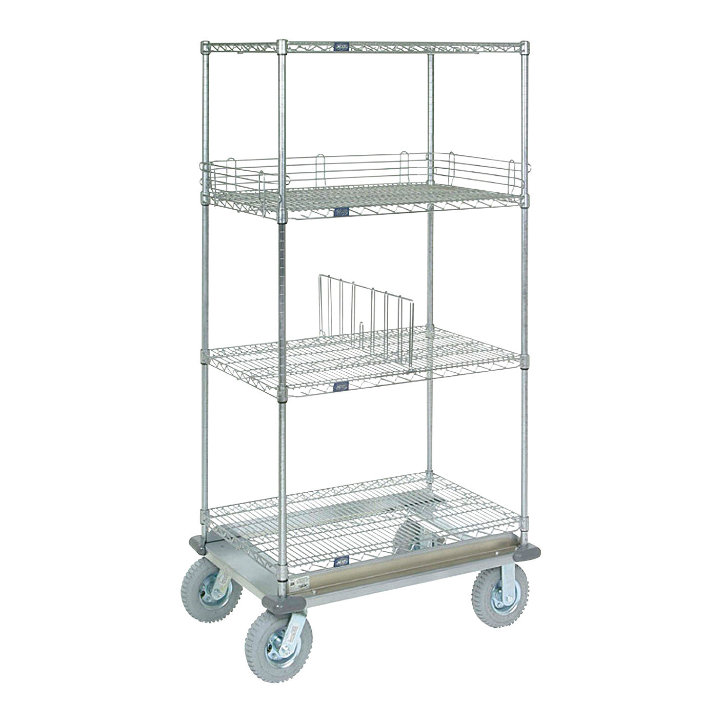 Nexel Dolly Truck with three-tier metal wire shelves and four large rubber wheels for easy mobility and storage.