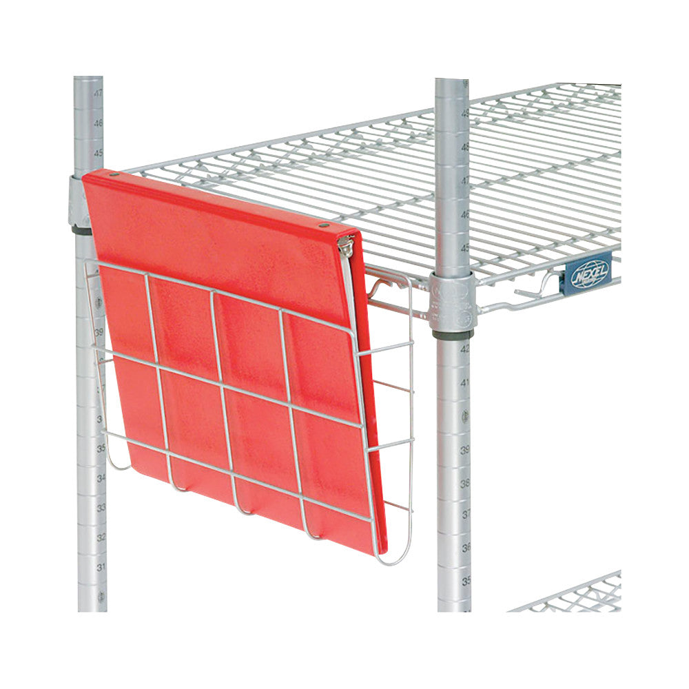 A metal shelving unit with a Nexel Document Holder attached to the side, holding a large red folder.