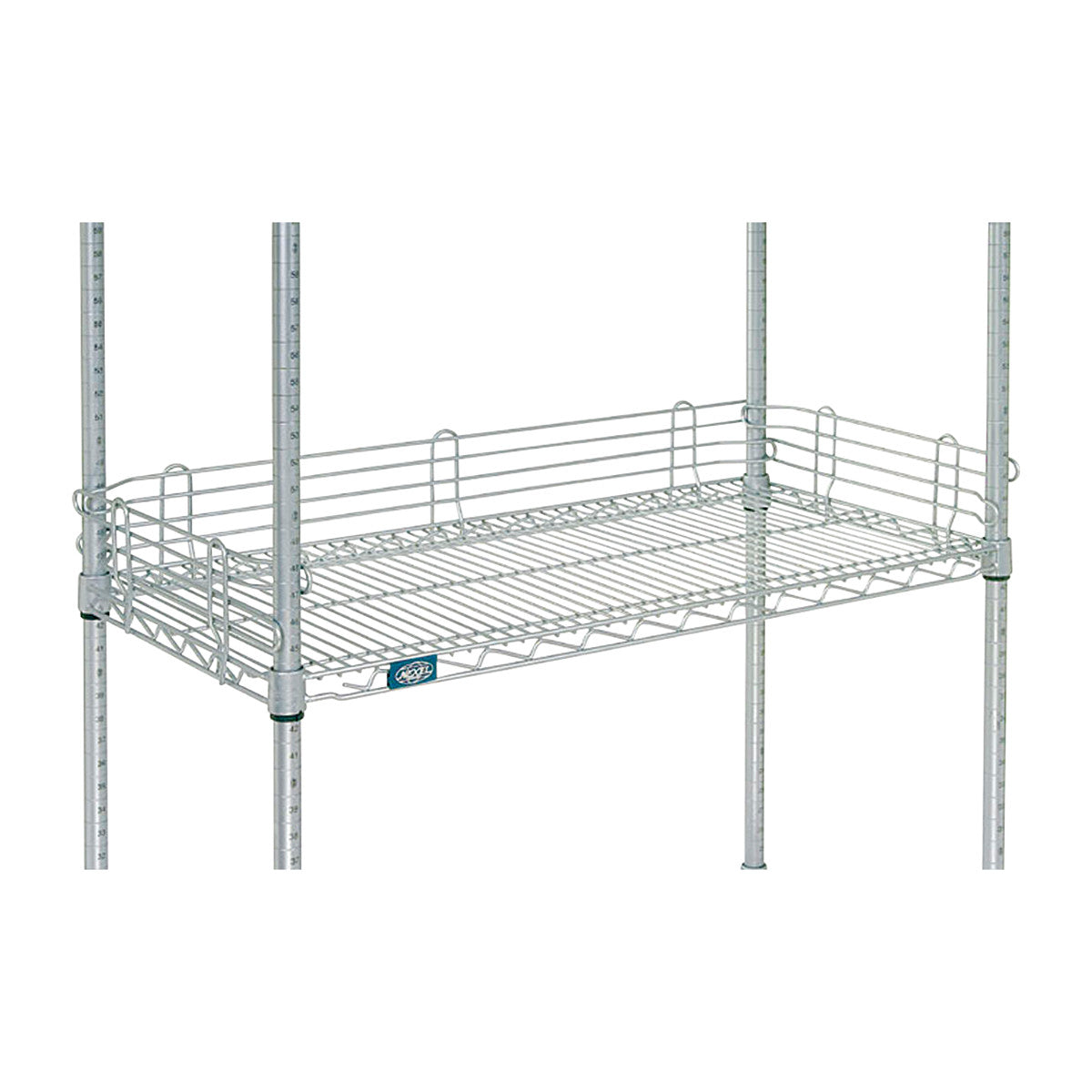 A metal wire shelf with a Nexel Chrome Ledge, designed with raised edges for secure storage and supported by adjustable poles.