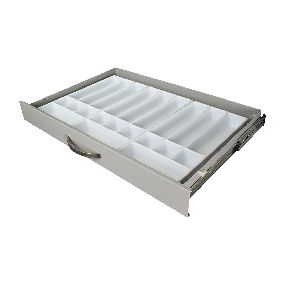 Harloff Medical Cart Accessory: 7-Compartment Drawer Tray partially extended with white compartments and a metal handle.