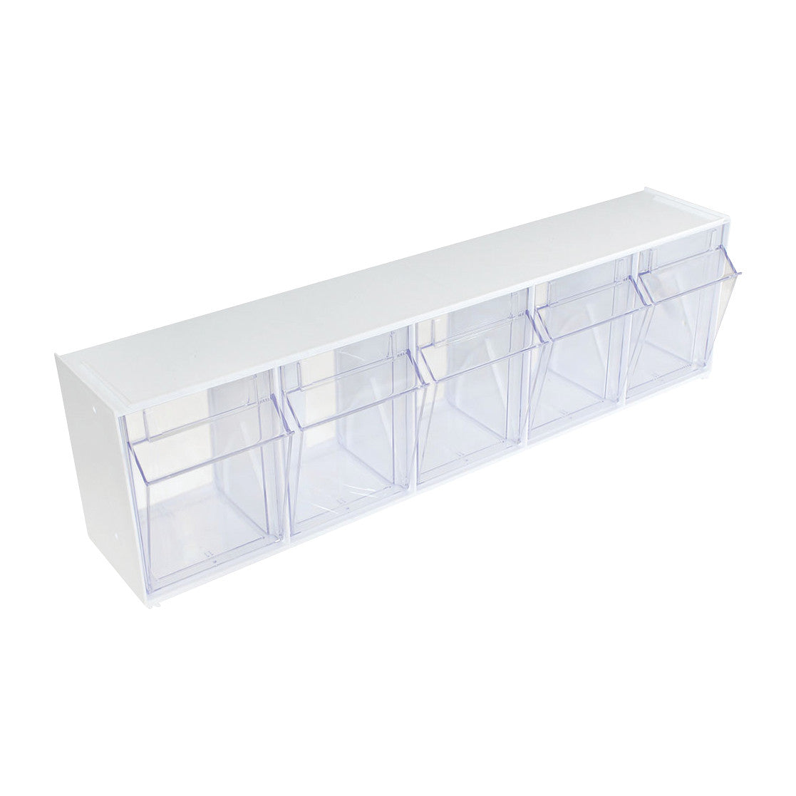 Harloff Medical Cart Accessory: 5-Compartment Tilt Bin with a white frame and clear bins for storage and organization.