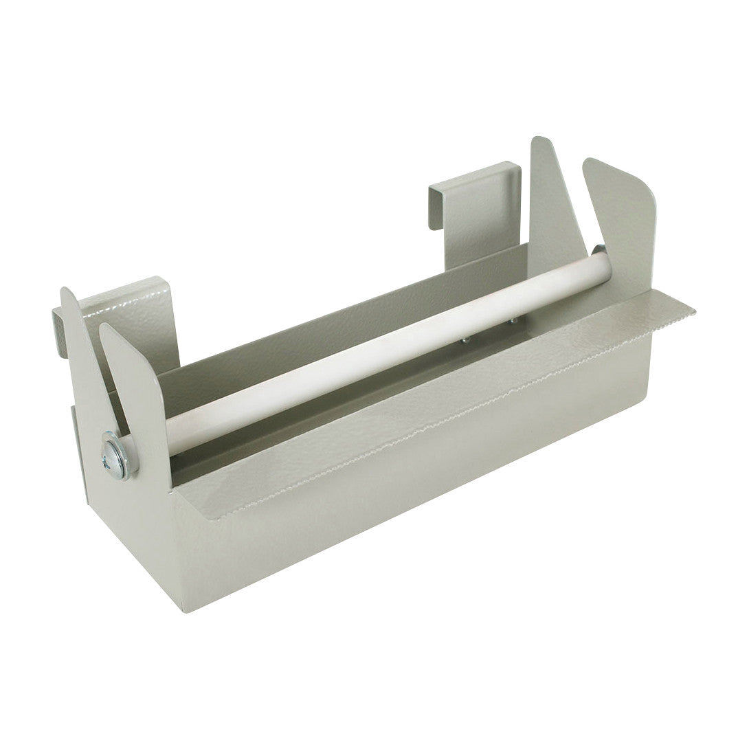 Harloff Medical Cart Accessory: Tape and Label Dispenser. It is a metal holder with hooks, a rod, and a serrated edge for cutting.