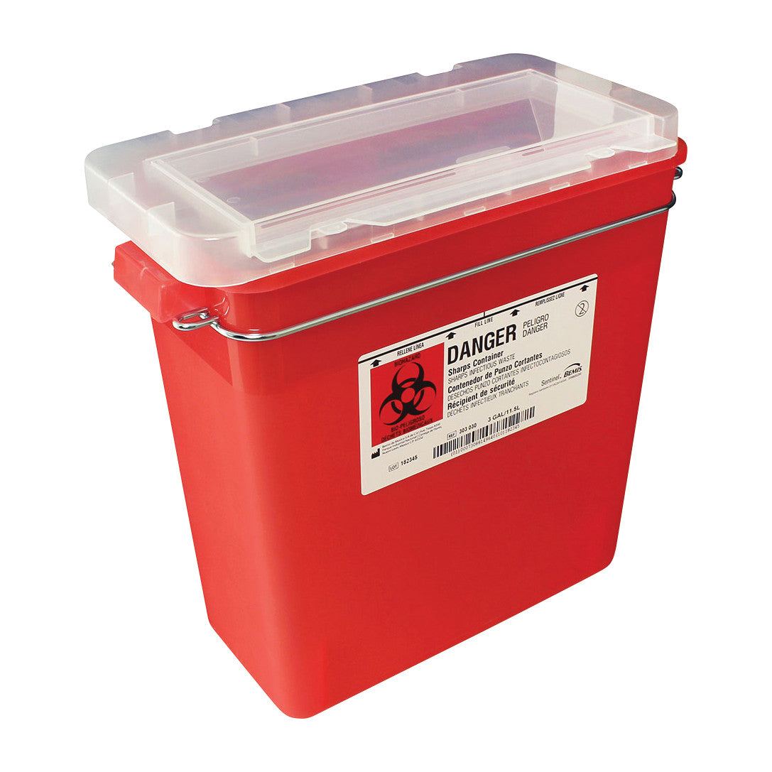 Red Harloff Medical Cart Accessory: Steel Waste Container with a clear lid and biohazard warning label.