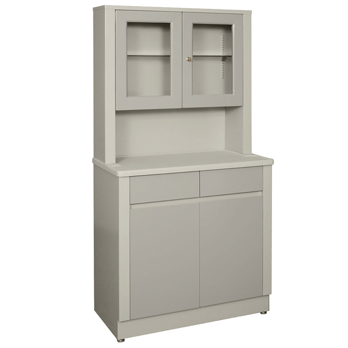 UMF Wide Treatment Cabinet in gray with a countertop, two upper glass doors, and two lower solid doors with a pair of drawers above.