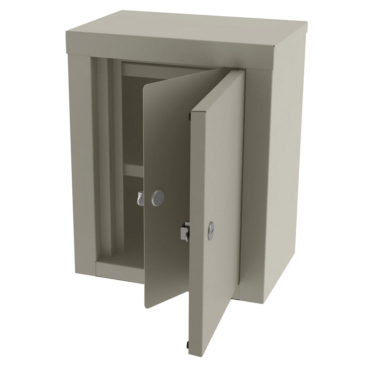 UMF Double-Door Narcotics Storage Cabinet in beige with one door slightly open, revealing a shelf inside.