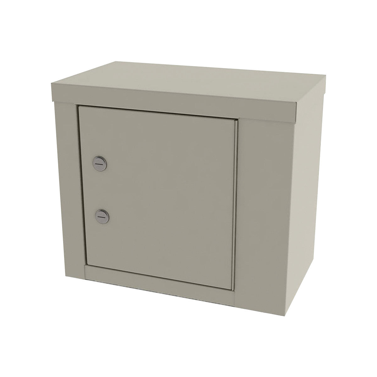 The UMF Single-Door Narcotics Cabinet is a beige, rectangular metal cabinet with a single door featuring two locks.