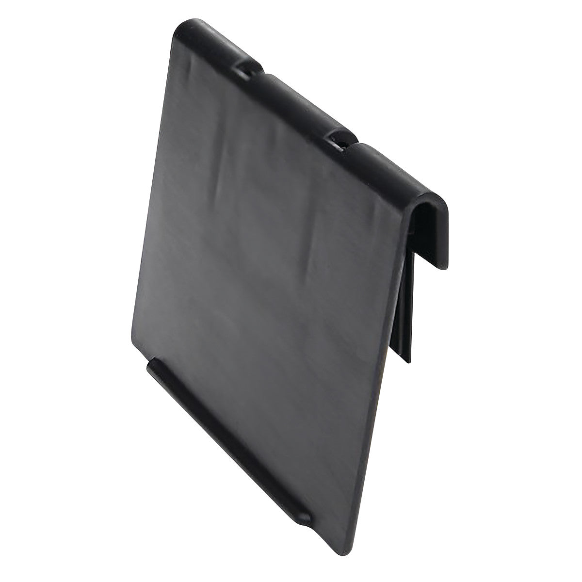 A black Extended Label Holder for Quantum Economy Shelf Bin with a clip design is shown at an angle.