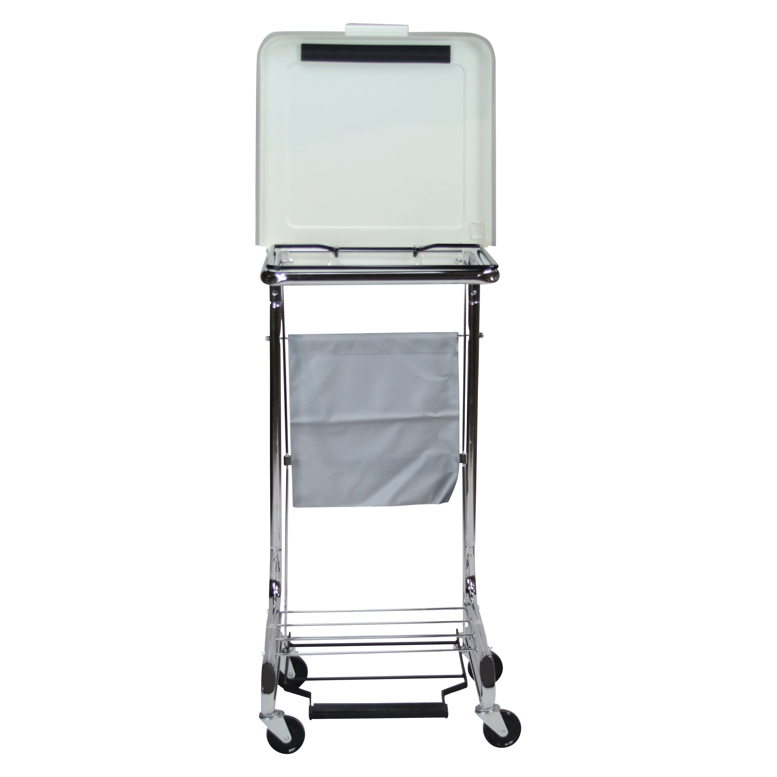 Blickman Secure Care Hamper with Lid, featuring a chrome frame, a gray fabric bag, wheels, and a plastic lid with a handle.