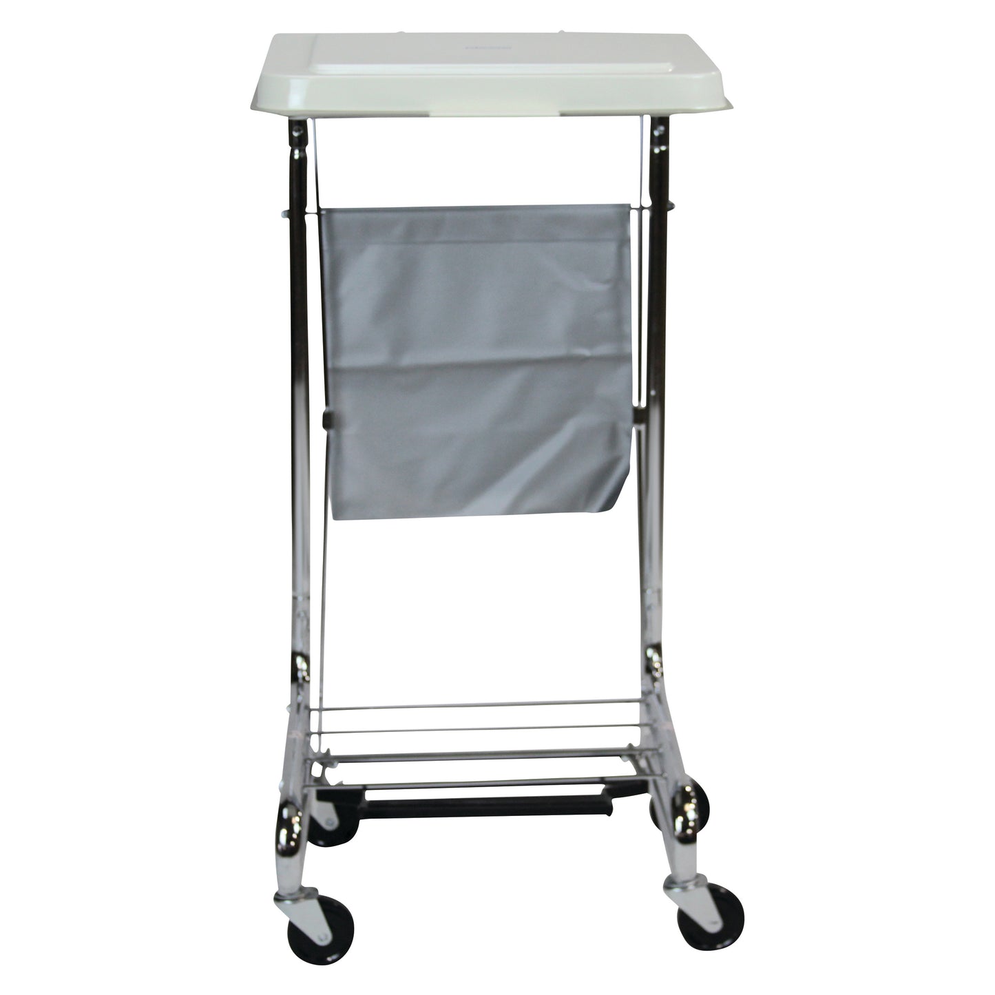 Blickman Secure Care Hamper with Lid features a chrome frame, a gray bag, and caster wheels for easy mobility.