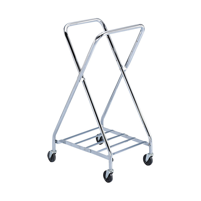 A Blickman Folding Adjustable Hamper with a chrome-plated frame, X-shaped design, and four caster wheels for mobility.