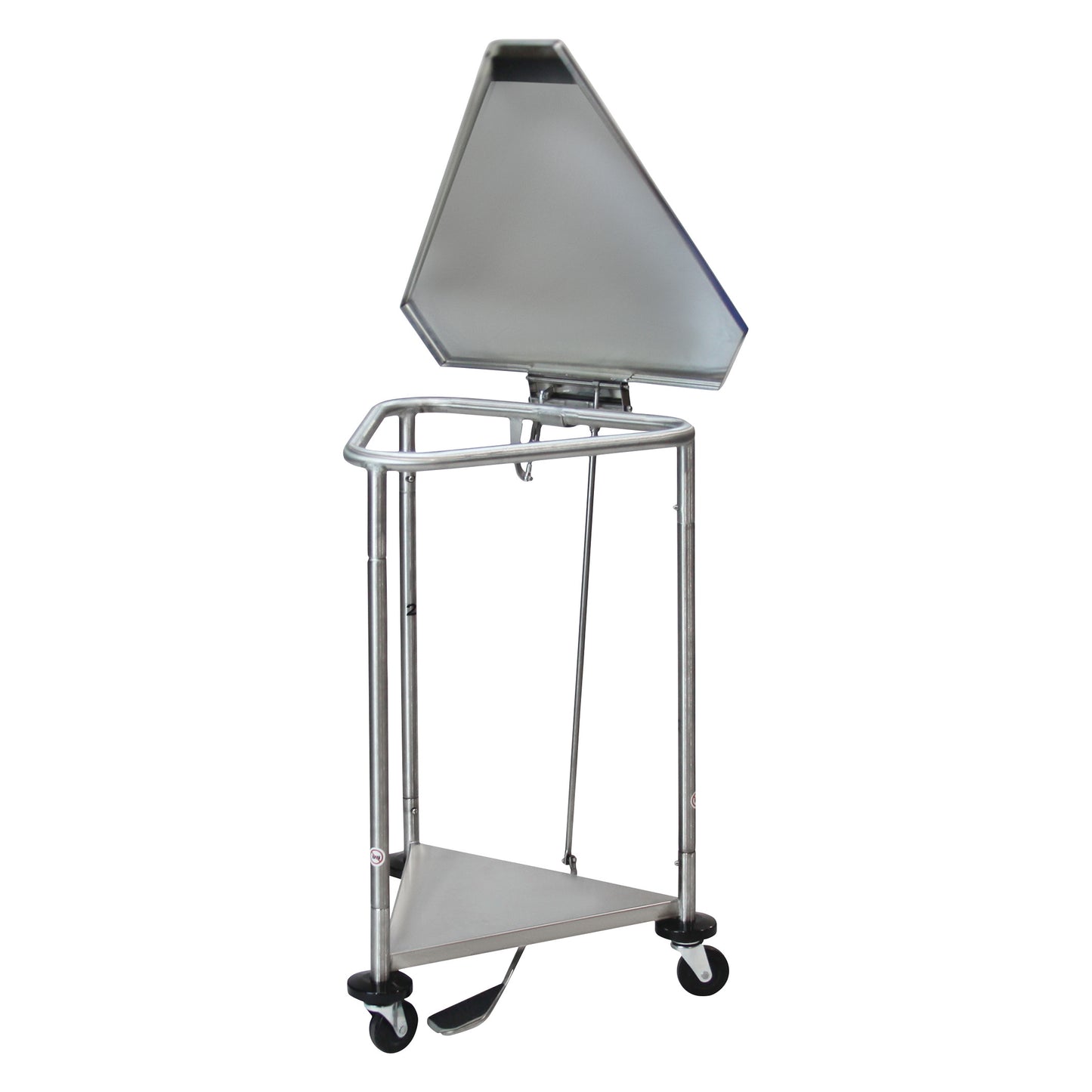 The Blickman Space Saver Hamper with Lid is a metal-framed laundry bin on wheels with a triangular lid and foot pedal.