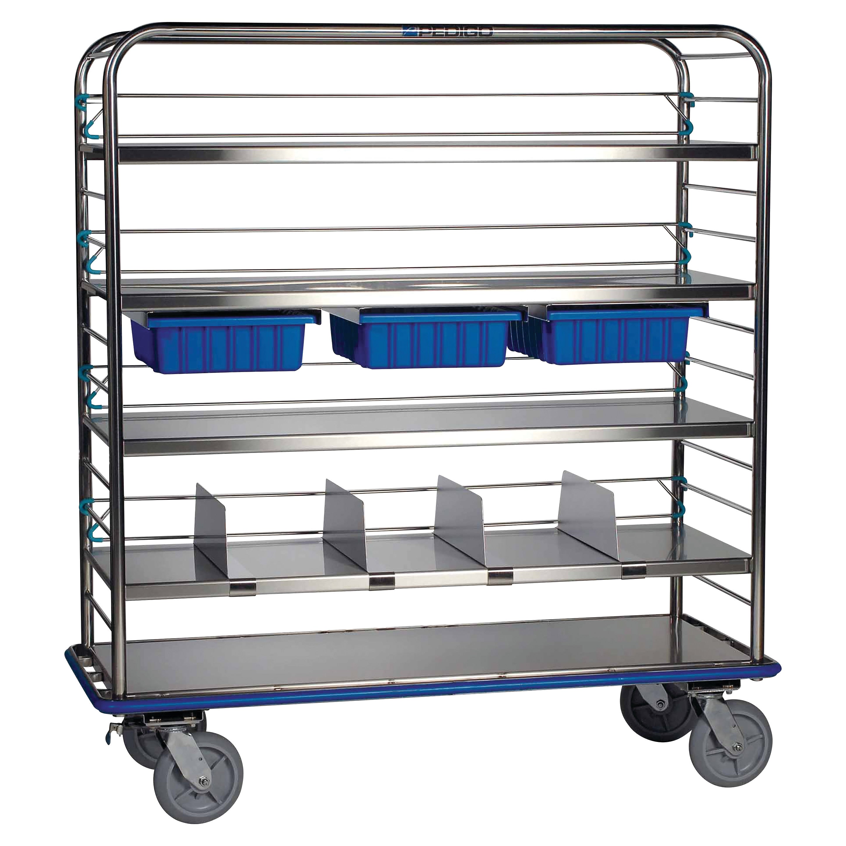 Pedigo Central Supply Cart, 67\"W with 4 Bins features metal shelves, blue bins, dividers, and wheels for easy mobility.