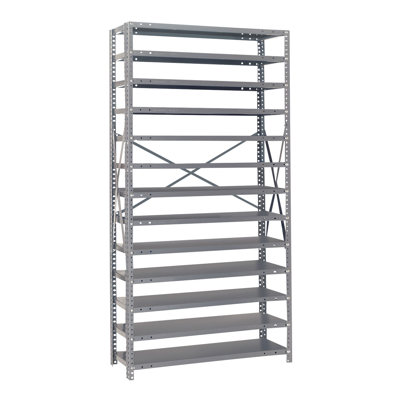The Quantum Economical Shelving Unit is a tall, metal shelving rack with multiple adjustable shelves and a cross-braced back.