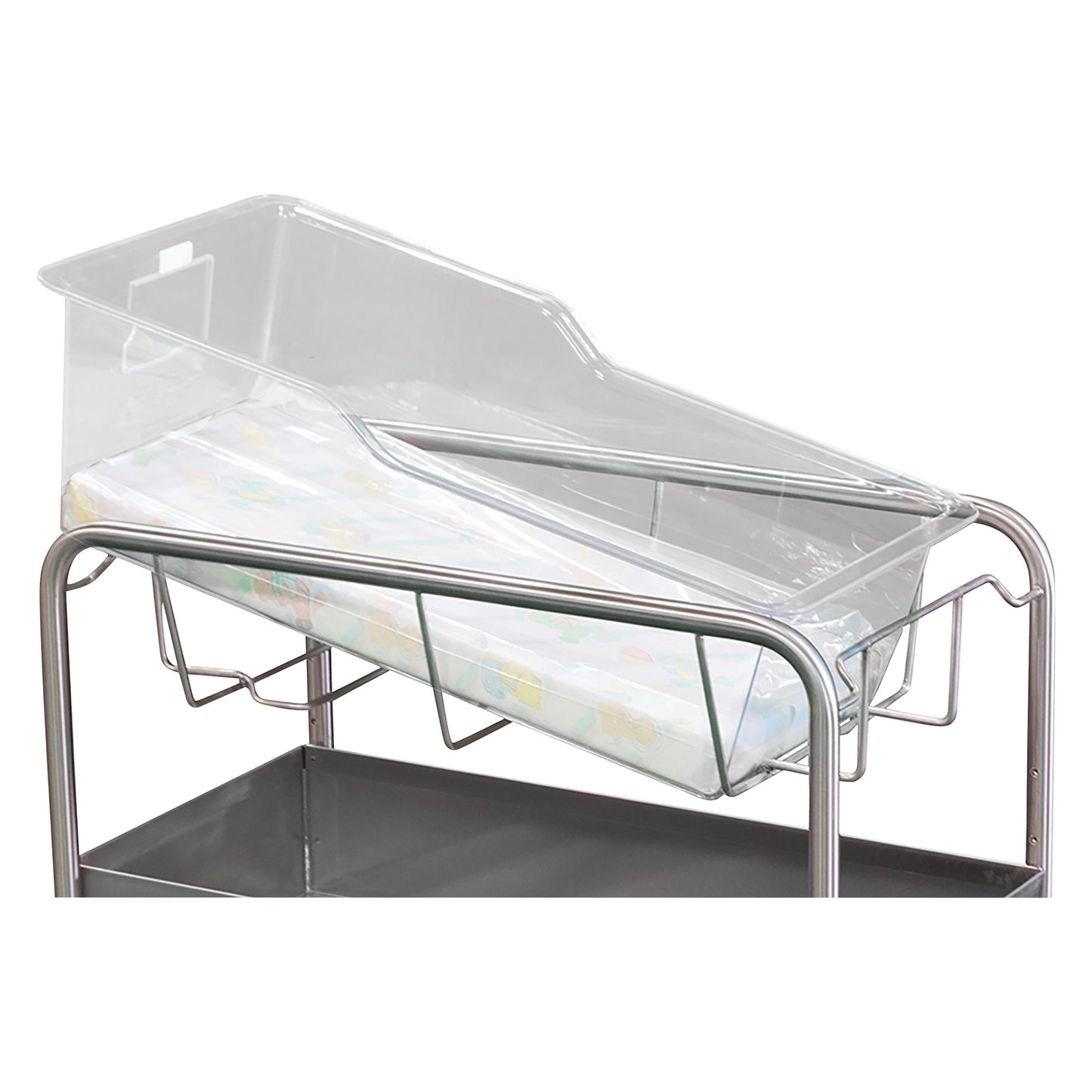 Novum Medical Bassinet Basket with a clear plastic top on a metal frame, featuring a padded mattress inside.