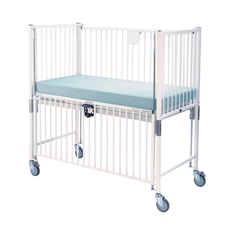 Novum Medical Standard Infant Crib with white metal rails, blue mattress, and caster wheels for mobility.