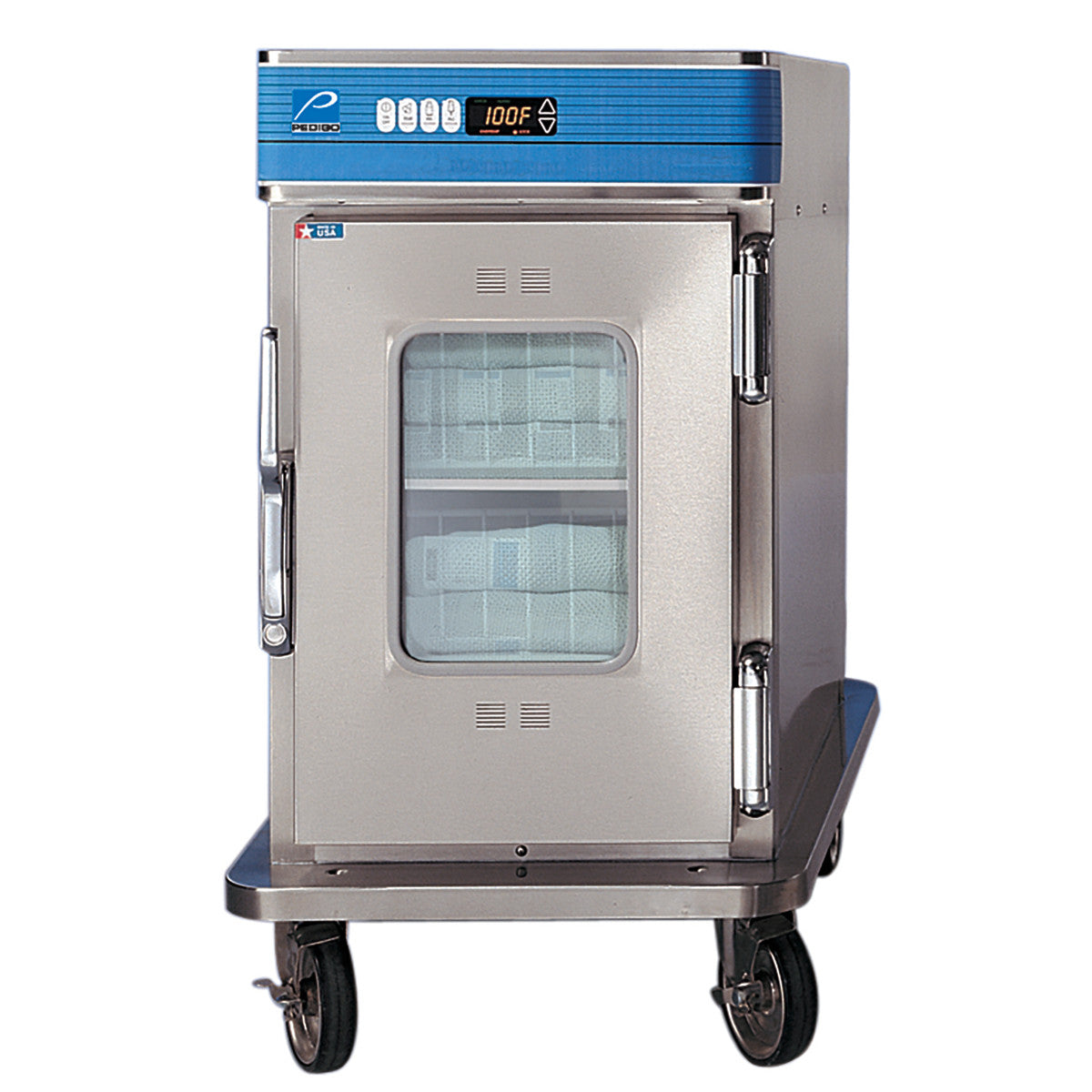 The Pedigo Deluxe Blanket Warming Cabinet is a stainless steel unit on wheels with a glass door, displaying blankets inside.
