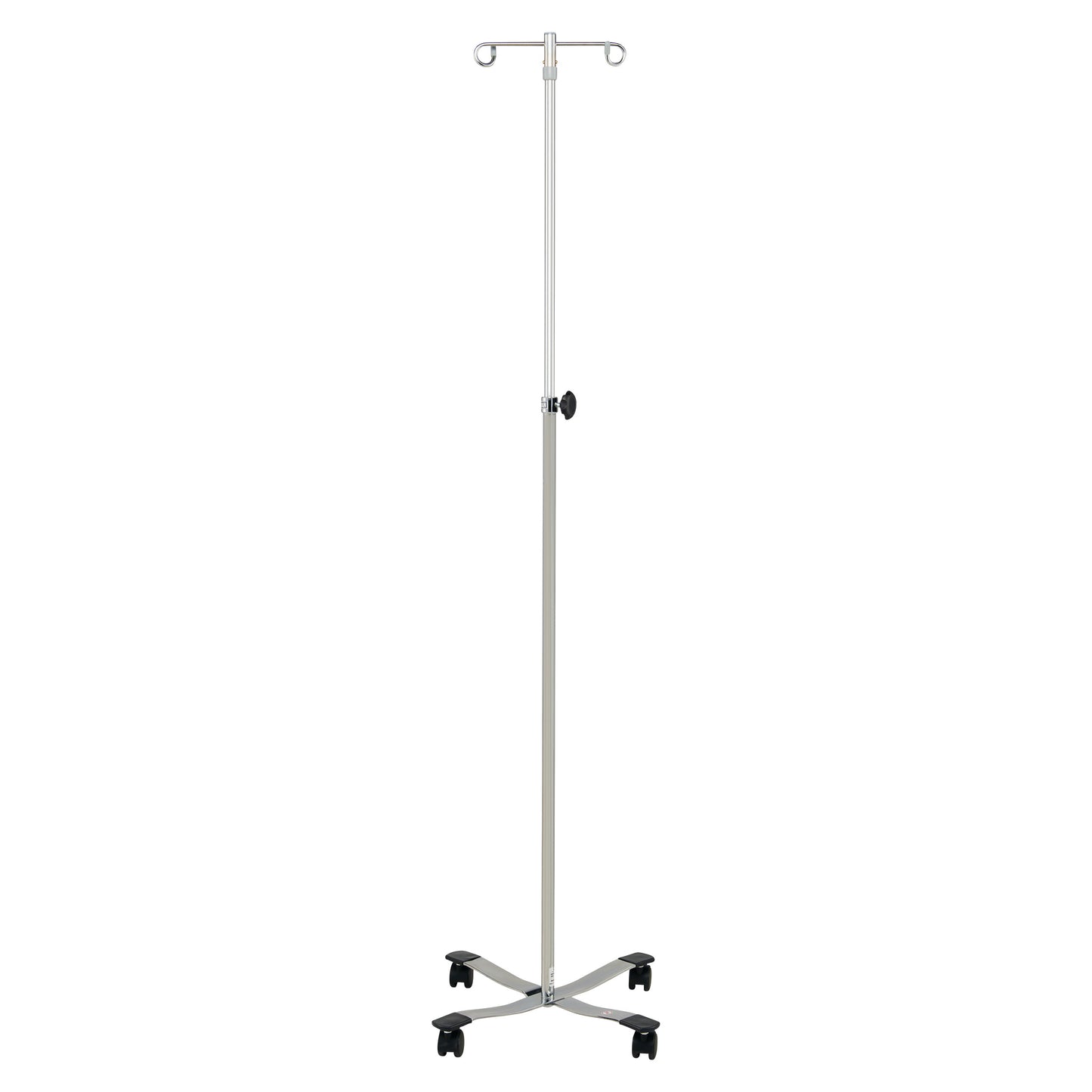 Blickman Four-Leg Chrome IV Stand with Heavyweight Base featuring a central pole, two hooks at the top, and four caster wheels for mobility.