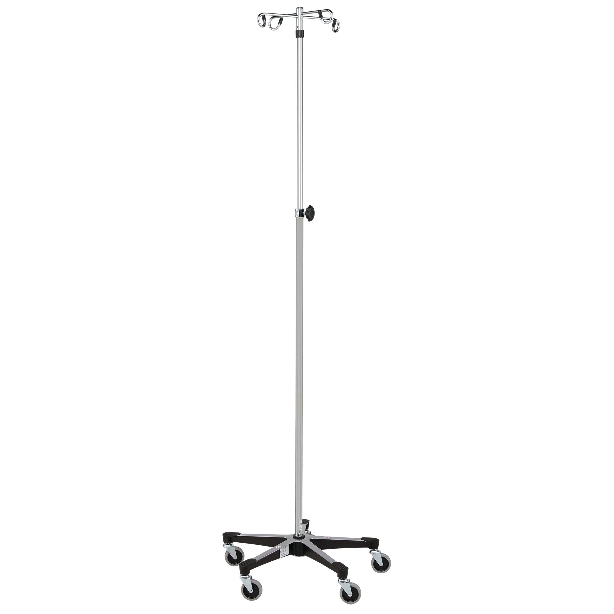 Blickman Five-Leg Stainless Steel IV Stand with Tru-Loc featuring five caster wheels and adjustable hooks for IV bags.
