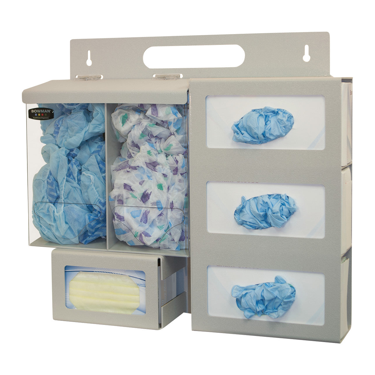 The Bowman Double Bulk ABS Isolation Station holds blue and patterned gowns, gloves, and face masks in a wall-mounted organizer.